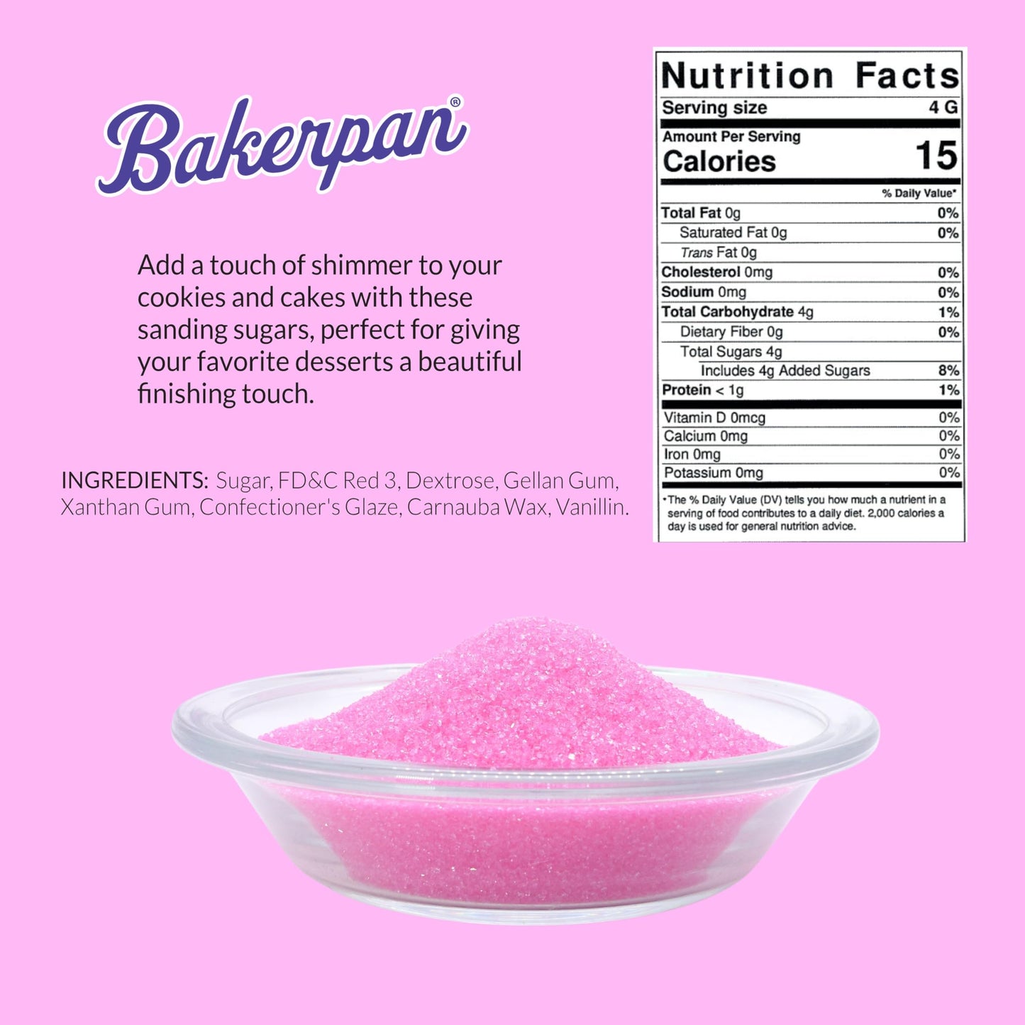 Bakerpan Pink Sanding Sugar For Baking & Cookie Decorating - 5 Ounce Edible Pink Sugar Sprinkles For Cookies, Cakes, Cocktails (