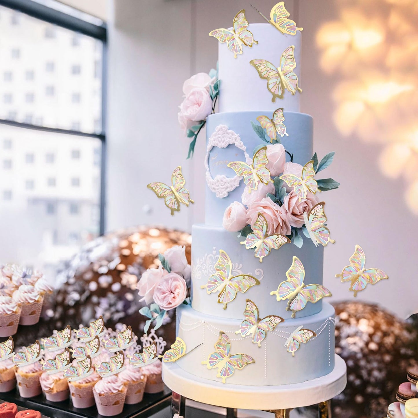 Cyodoos 30Pcs Color Gold Edge Mixed Size Lively 3D Waterproof Butterfly Cupcake Topper For Girls Women'S Happy Birthday Wedding