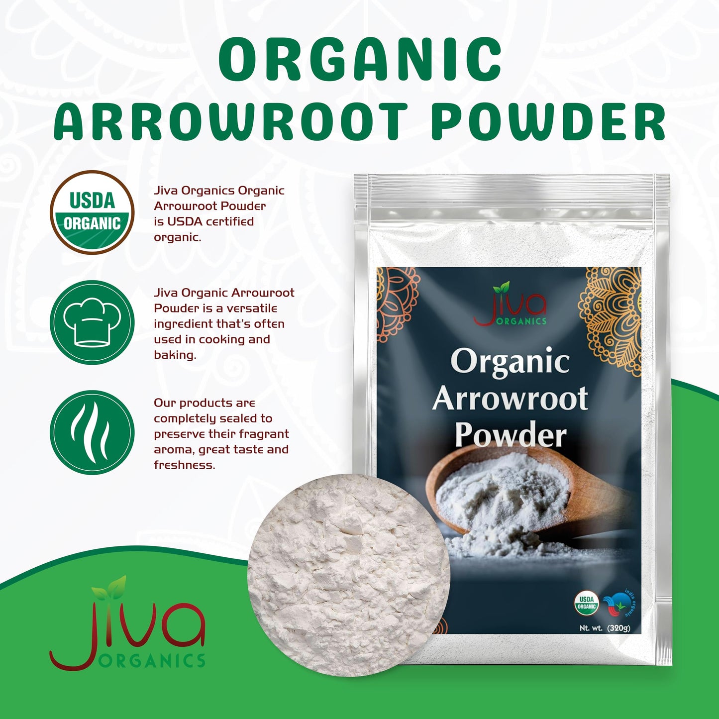 Jiva Organics Organic Arrowroot Flour (Powder) 2 Pound Bag - Raw, Non-Gmo, Gluten Free