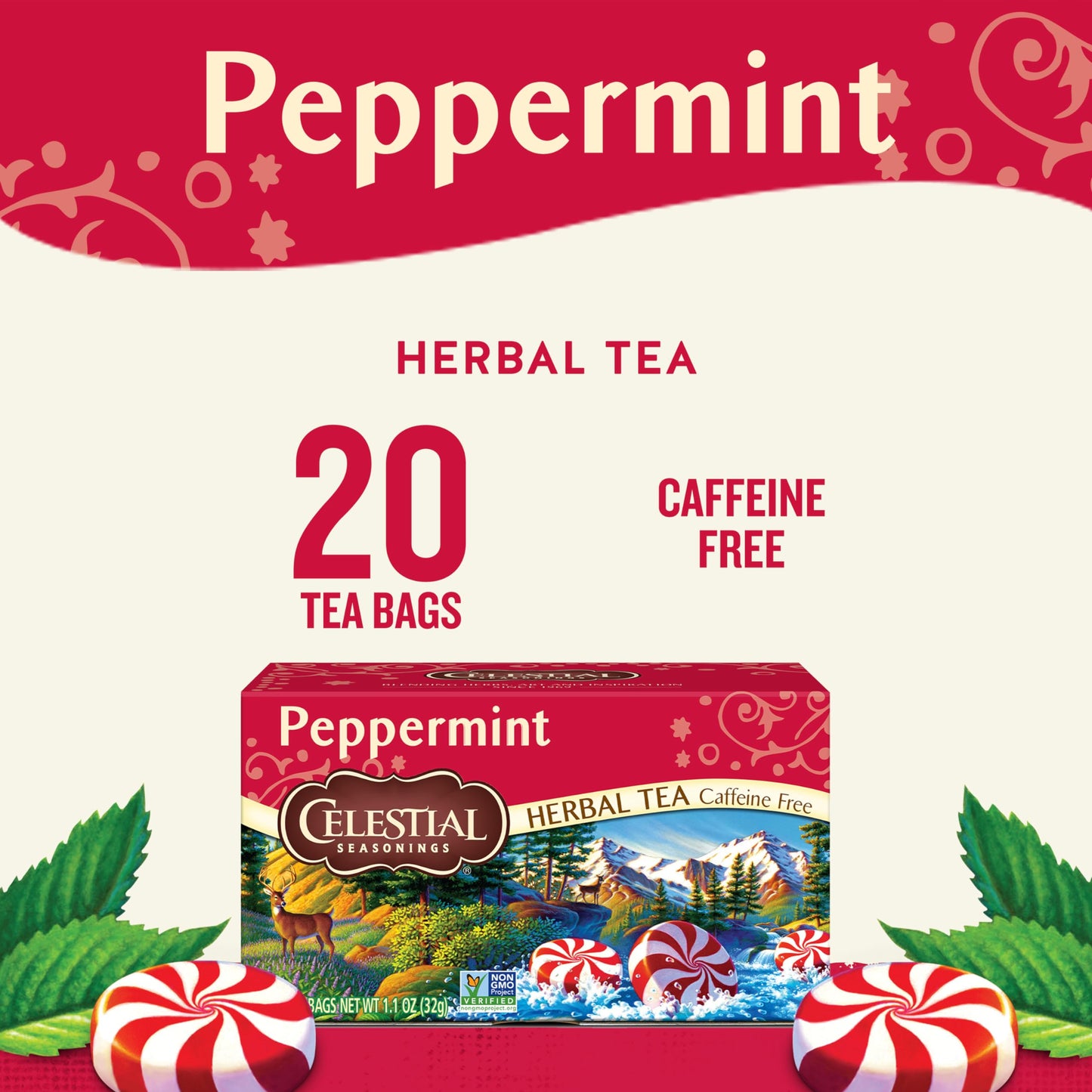 Celestial Seasonings Peppermint Herbal Tea, Caffeine Free, 20 Count (Pack of 6)