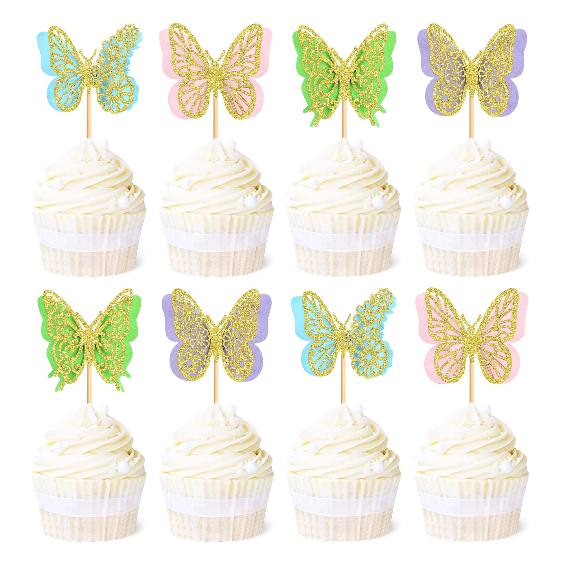 Ercadio 24 Pack Butterfly Cupcake Toppers - Glitter Double Layers Gold Butterfly Cupcake Picks 3D for Wedding Anniversary Kids B