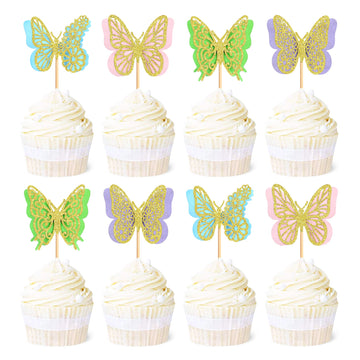 Ercadio 24 Pack Butterfly Cupcake Toppers - Glitter Double Layers Gold Butterfly Cupcake Picks 3D for Wedding Anniversary Kids B