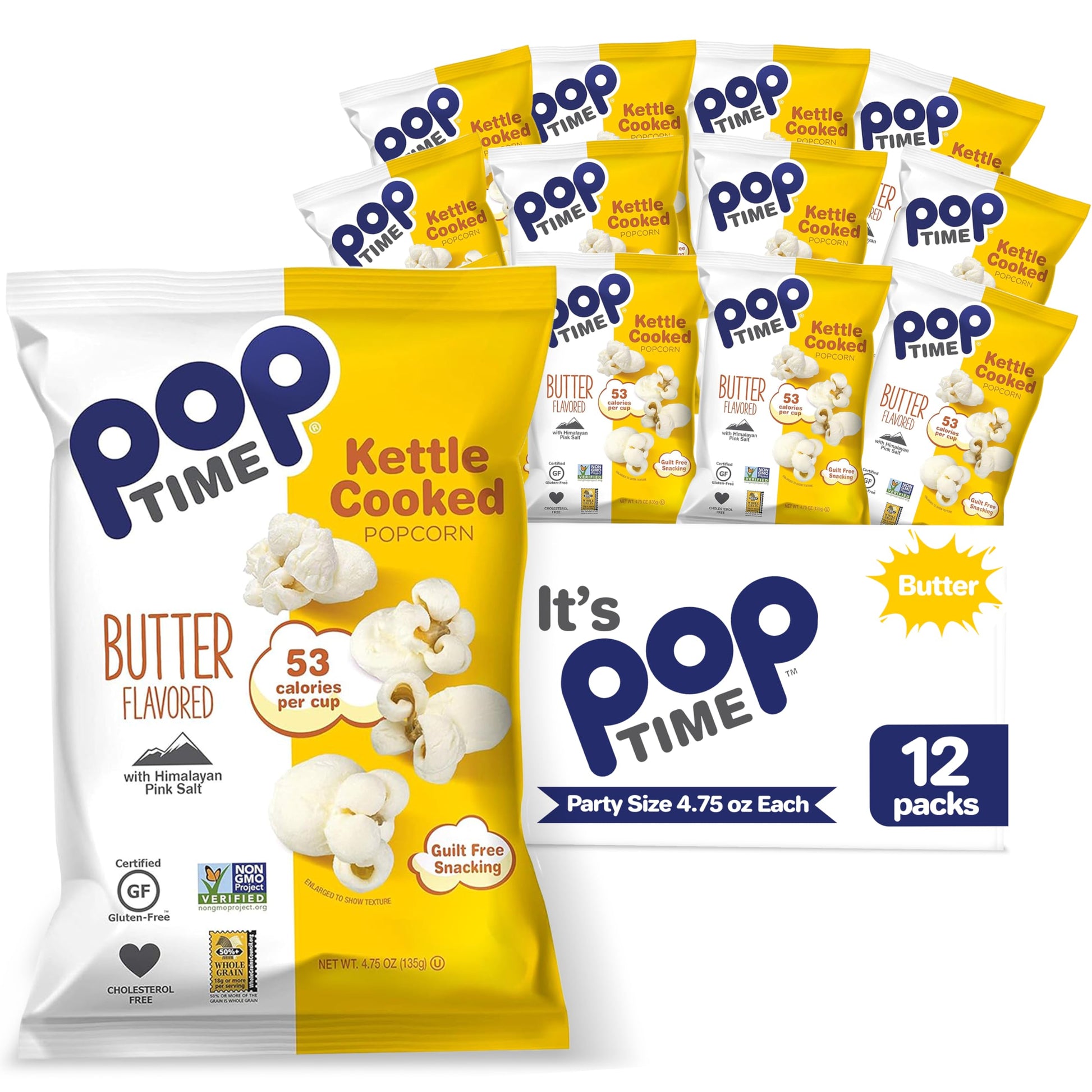Poptime Kettle Cooked Popcorn - Butter, 4.75oz Bags (Pack of 12), Non-GMO, Gluten Free, Dairy Free, Kosher, Whole Grain, Low Cho