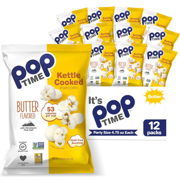 Poptime Kettle Cooked Popcorn - Butter, 4.75oz Bags (Pack of 12), Non-GMO, Gluten Free, Dairy Free, Kosher, Whole Grain, Low Cho