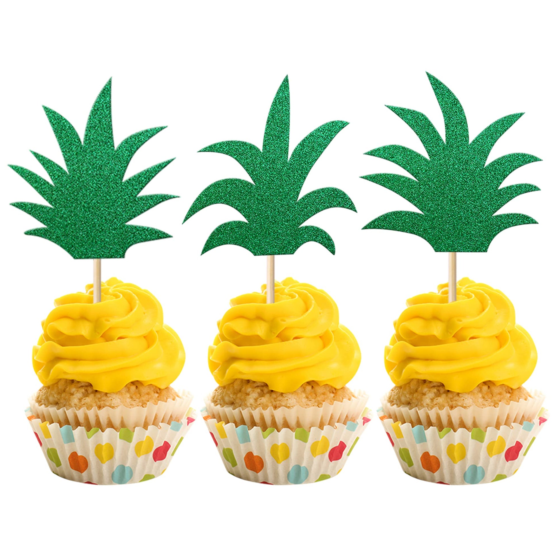Rsstarxi Pineapple Cupcake Toppers - 30 Pack, Glitter Design 12, Card Stock, Food Grade Sticks for Hawaiian Luau Parties