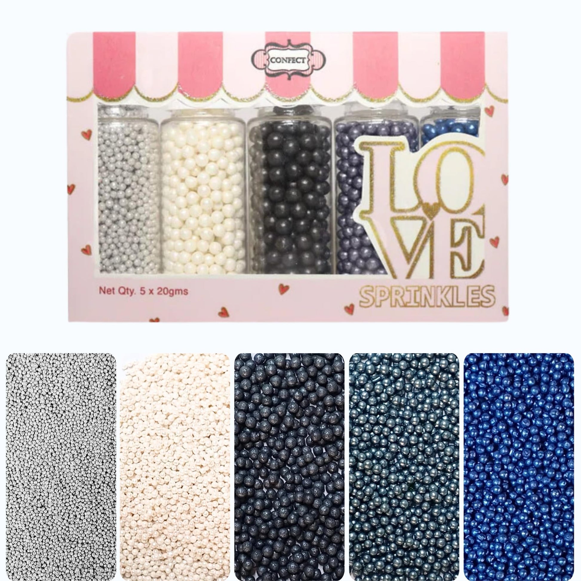 Confect Pearl Sprinkles | Pack Of 5 Edible Disco Ball Sprinkles For Cakes & Cupcakes Decoration | Mix Sliver, White, Black, Grey & Navy Blue Dragees - Starry Night | Vegan, Gluten-Free, Nut-Free, Soy-Free, Dairy-Free, Palm Oil-Free - 5 Oz
