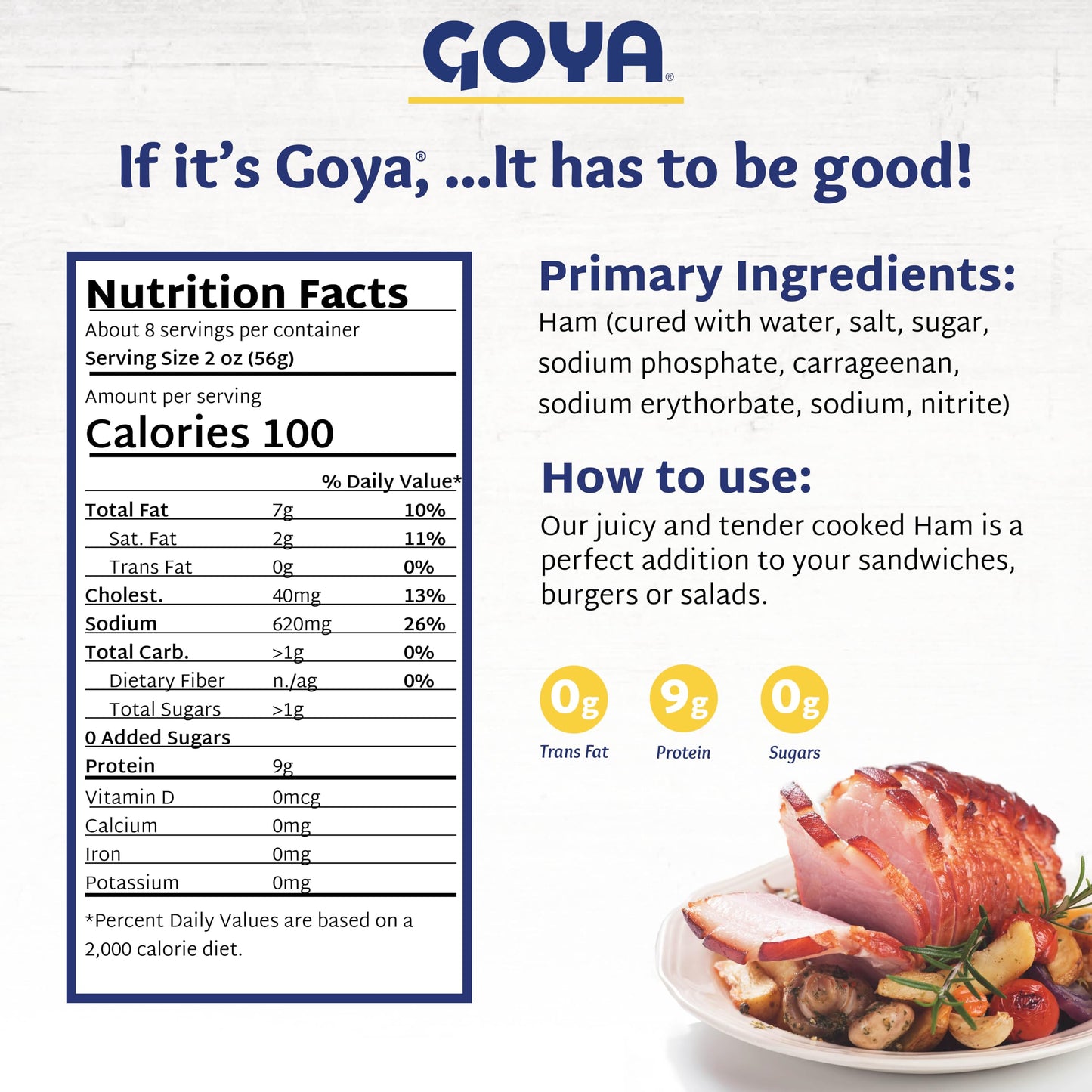 Boneless Cooked Ham in Water by Goya, Pack of 3, 16 oz Cans, Skinless and Ready to Eat Lunch Meat, Fully Cooked Packaged Ham for