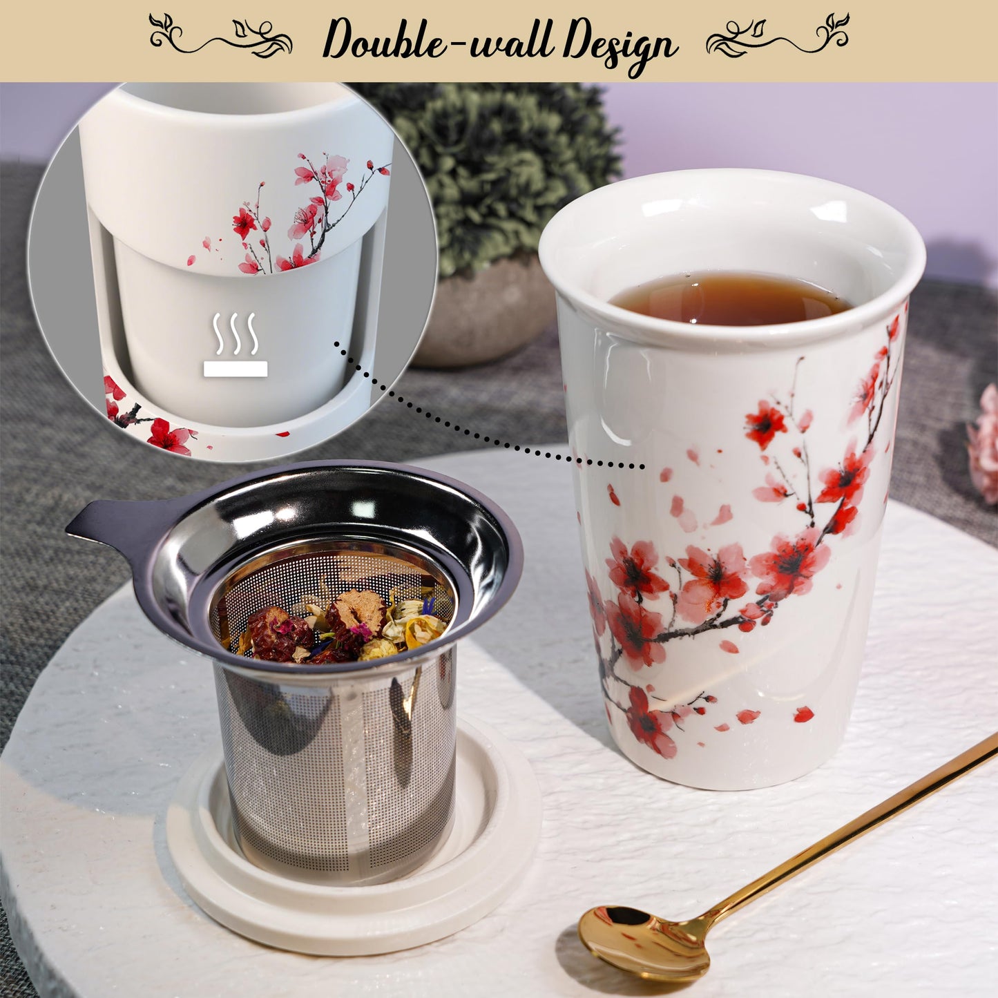 Harmoleaf Tea Gift Set for Women - 6 Herbal Loose Leaf Tea Blends  Insulated Ceramic Cup with Infuser & Lid | Birthday  Mothers Day  Anniversary & Retirement Gift for Her