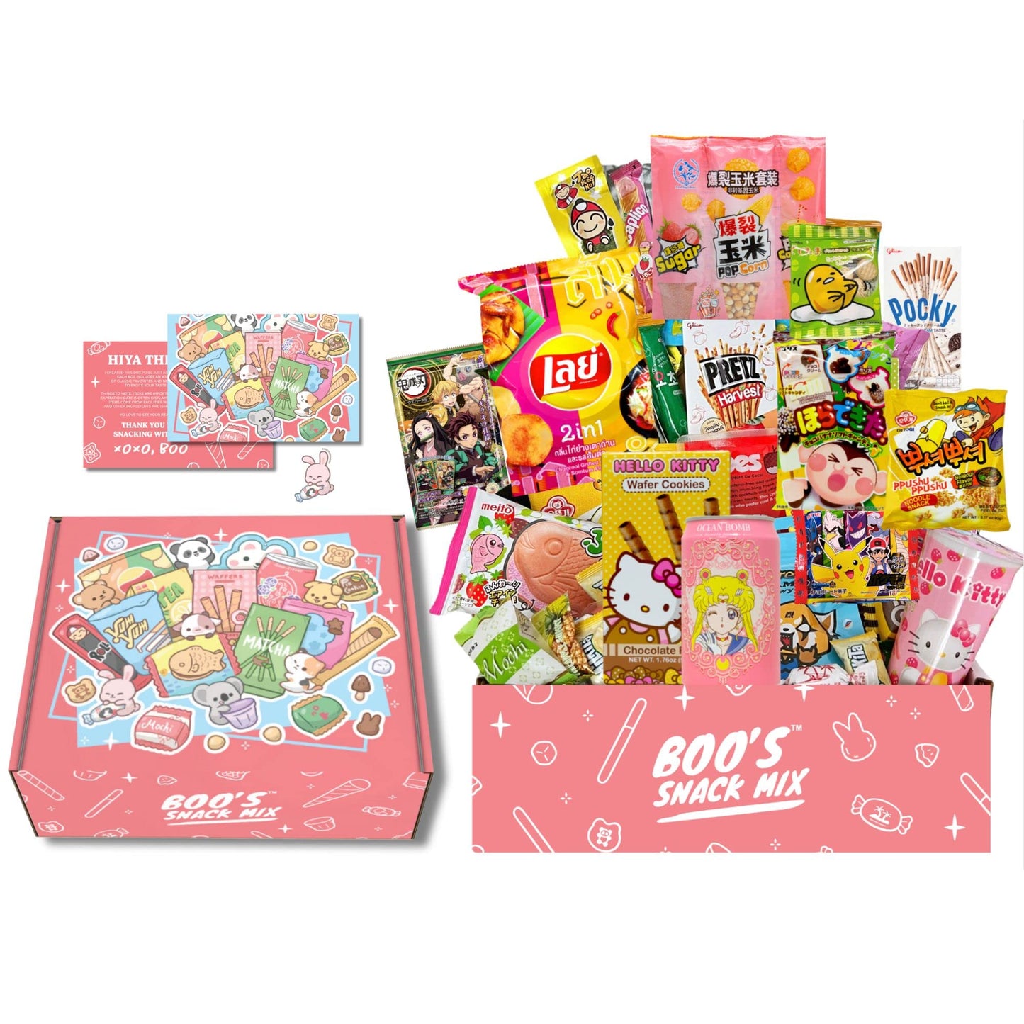 Boos Mystery Snack Box 40 Pieces, 14 Full-Size Snacks. Including Mochi , Mini Ice Cream Cone, Asian Noodles, Soda, Variety Of Sa