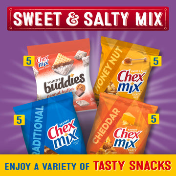 Sweet & Salty Snack Variety Pack, Muddy Buddies Peanut Butter & Chocolate, Chex Mix Traditional, Cheddar & Honey Nut, 35 Oz (20