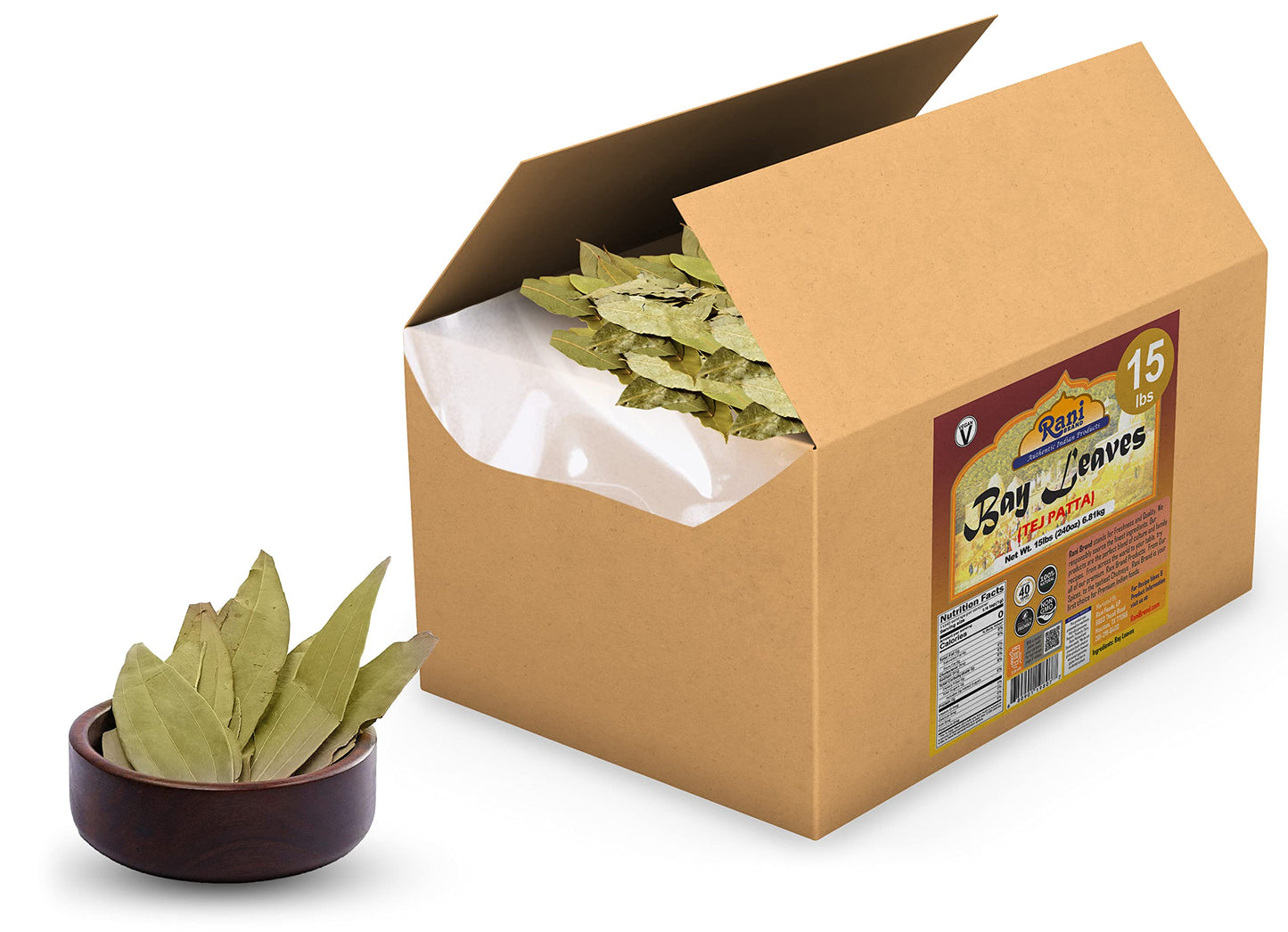 Rani Bay Whole Leaf (Leaves) Spice Hand Selected Extra Large 240Oz (15Lbs) 6.81Kg Bulk Box ~ All Natural | Gluten Friendly | Non-Gmo | Vegan | Indian Origin (Tej Patta)