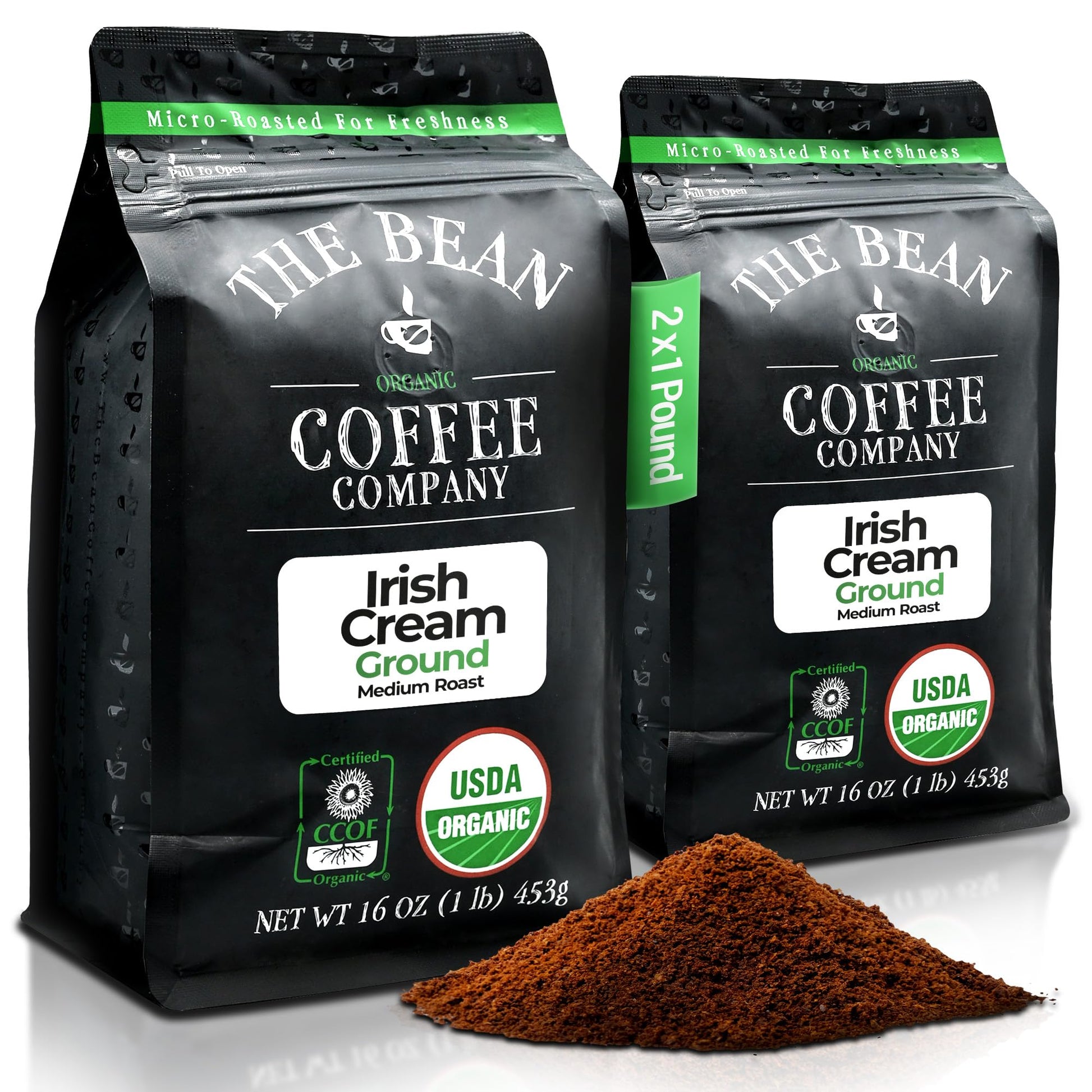The Bean Organic Coffee Company Irish Cream, Medium Roast, Ground Coffee, 16-Ounce Bags (Pack of 2), Caf   molido tostado org  n