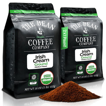 The Bean Organic Coffee Company Irish Cream, Medium Roast, Ground Coffee, 16-Ounce Bags (Pack of 2), Caf   molido tostado org  n