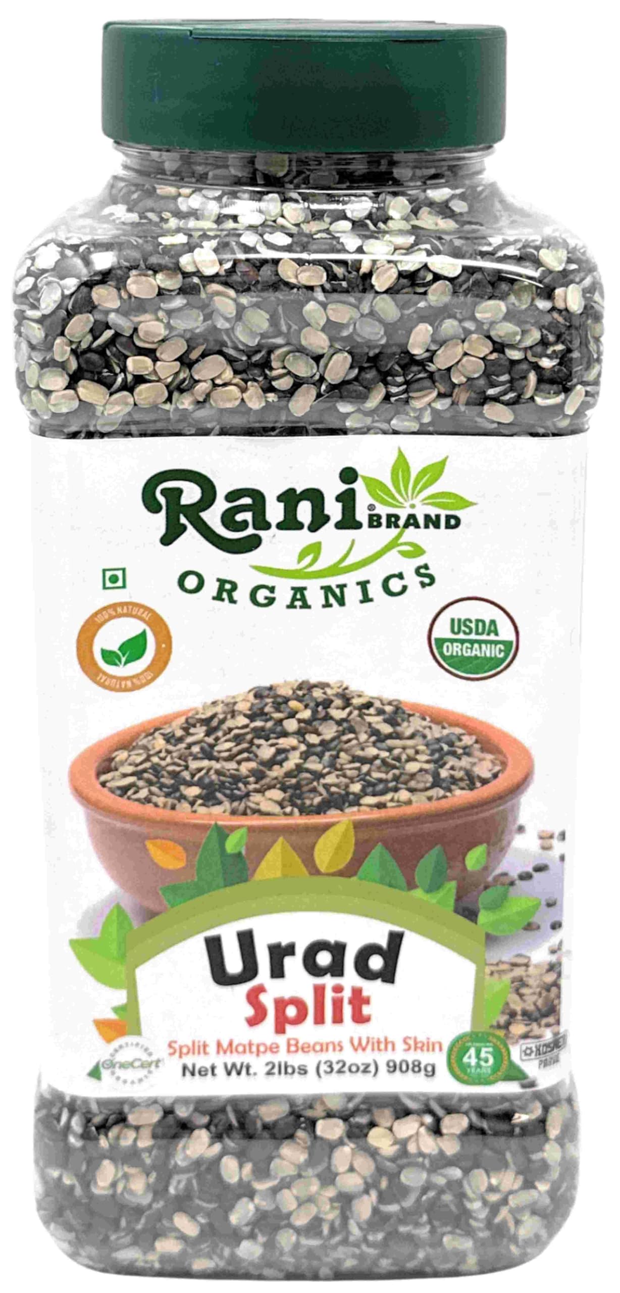 Rani Organic Urid/Urad Split Chilka (Split Matpe Beans with Skin) 32oz (2lbs) 908g PET Jar ~ All Natural | Gluten Friendly | Non