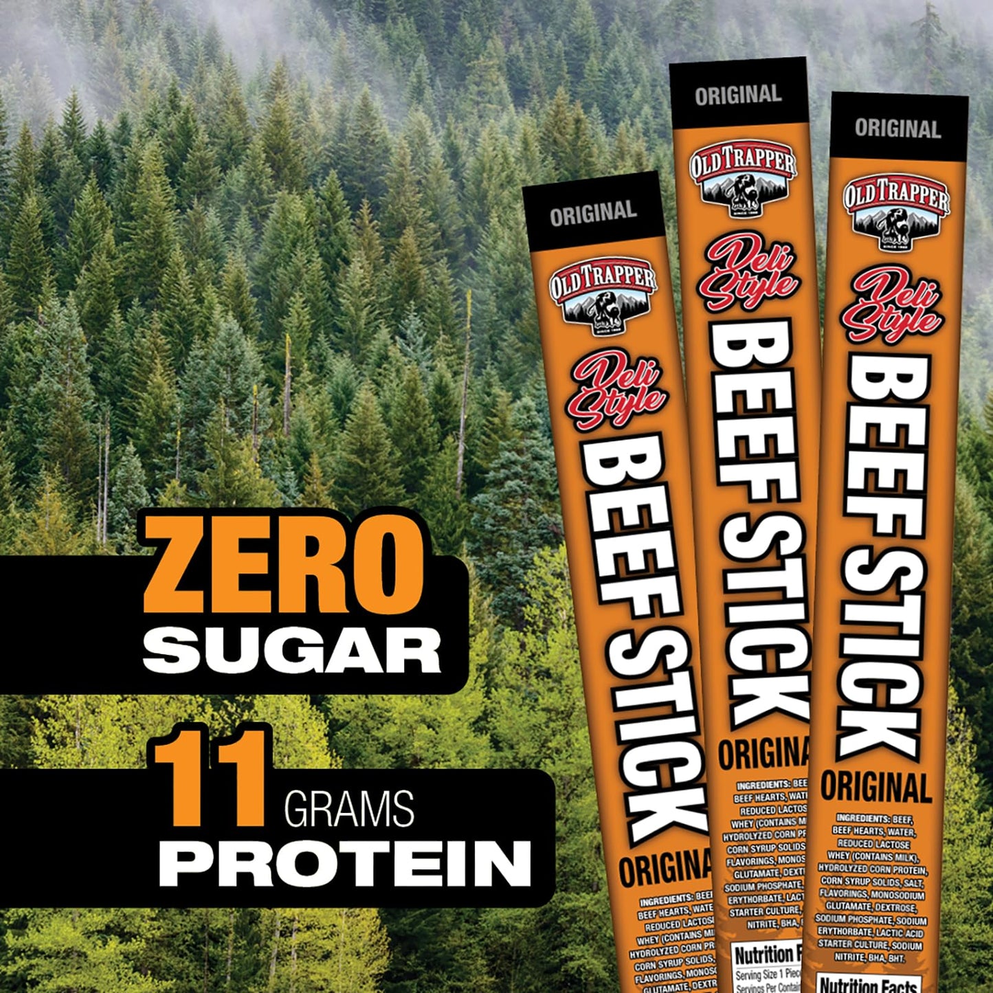 Oid Trapper Original Deli-Style Beef Sticks, 1.75-Ounce Individually Wrapped Packages, 11 Grams Of Protein And Zero Grams Of Sug
