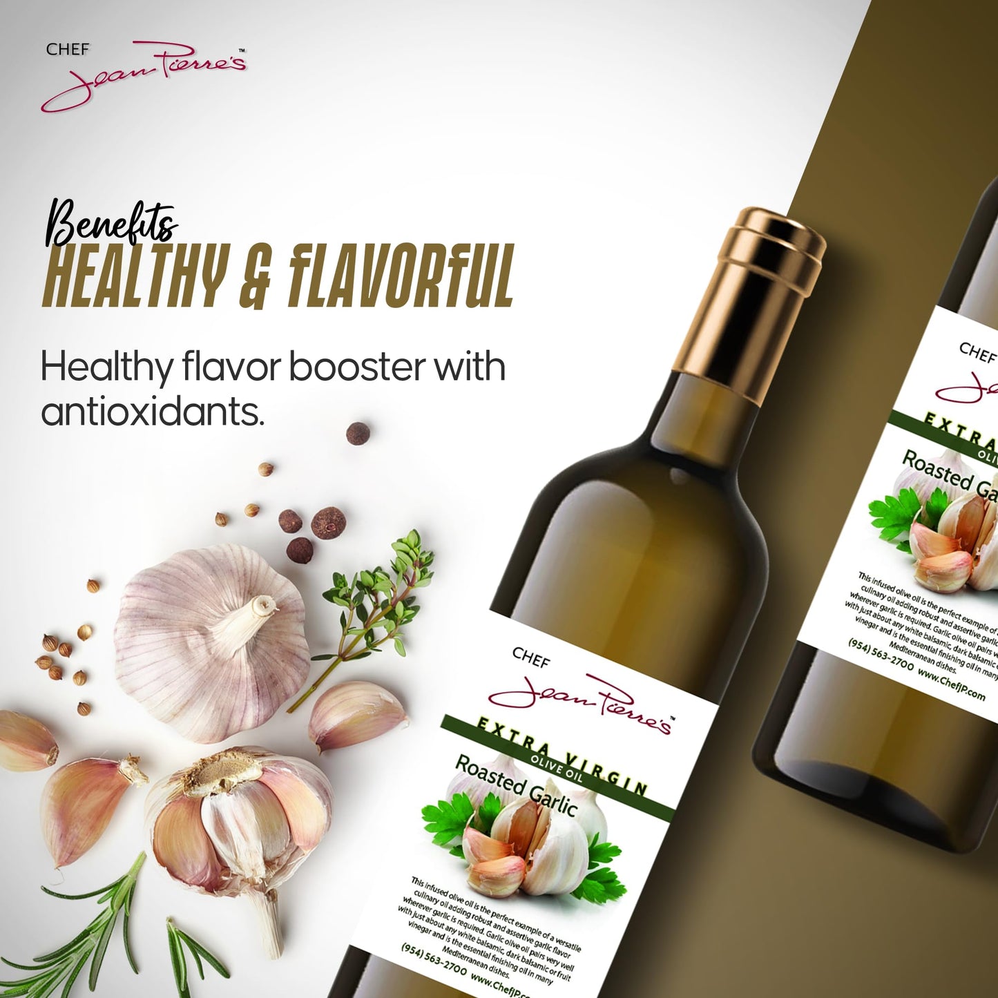 Chef Jean Pierre'S Extra Virgin Roasted Garlic Olive Oil - 750Ml (25Oz) Glass Bottle - Naturally Infused With Sweet And Tangy Fl