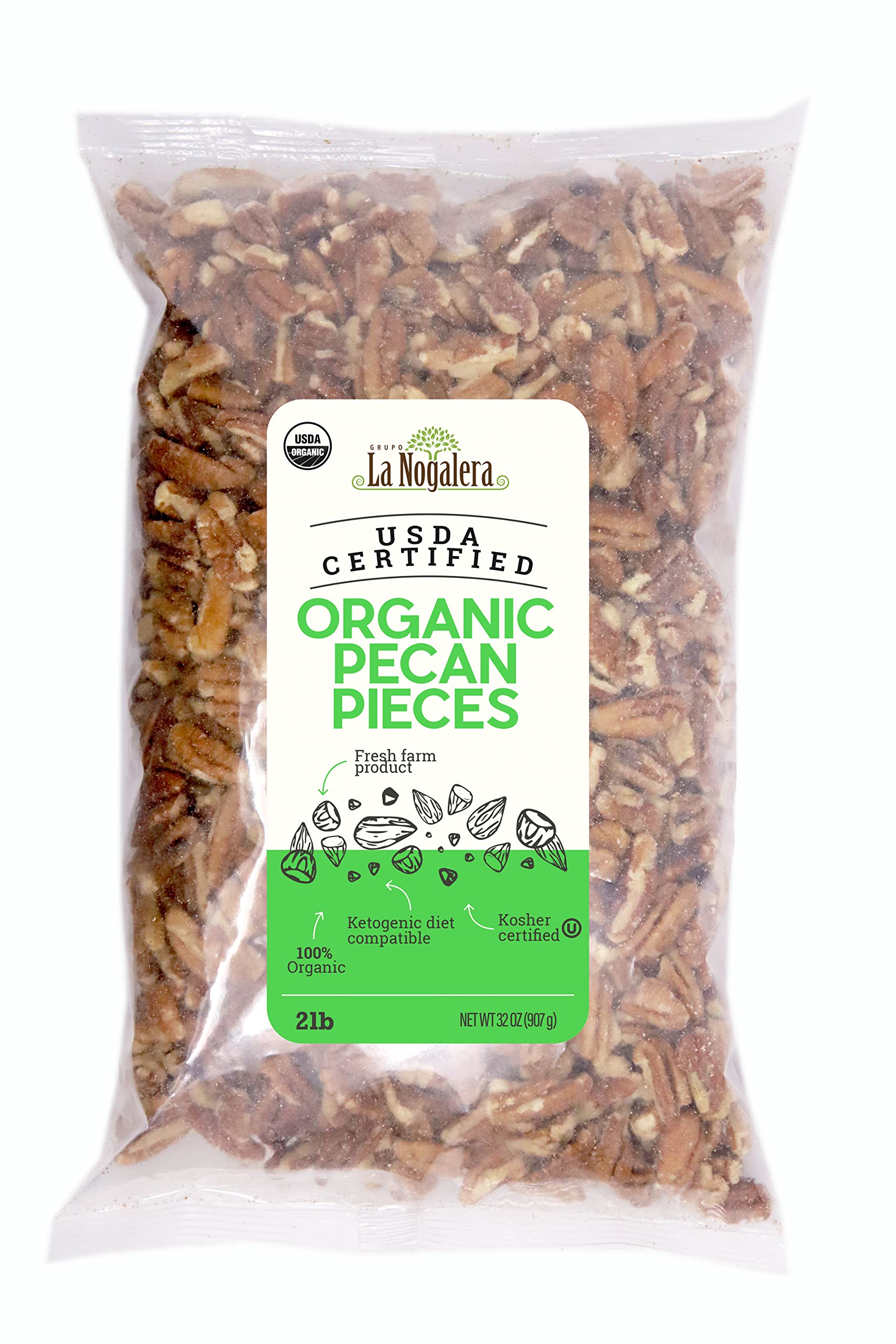 Grupo La Nogalera Organic Pecan Pieces - Chopped, Non-GMO, Kosher, Halal, 2 lb Bag