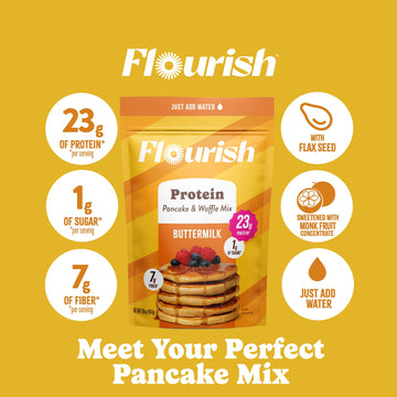 Flourish Protein Pancake & Waffle Mix, With Whey Protein & Flax Seed, No Added Sugar, High In Protein & Fiber - Just Add Water -
