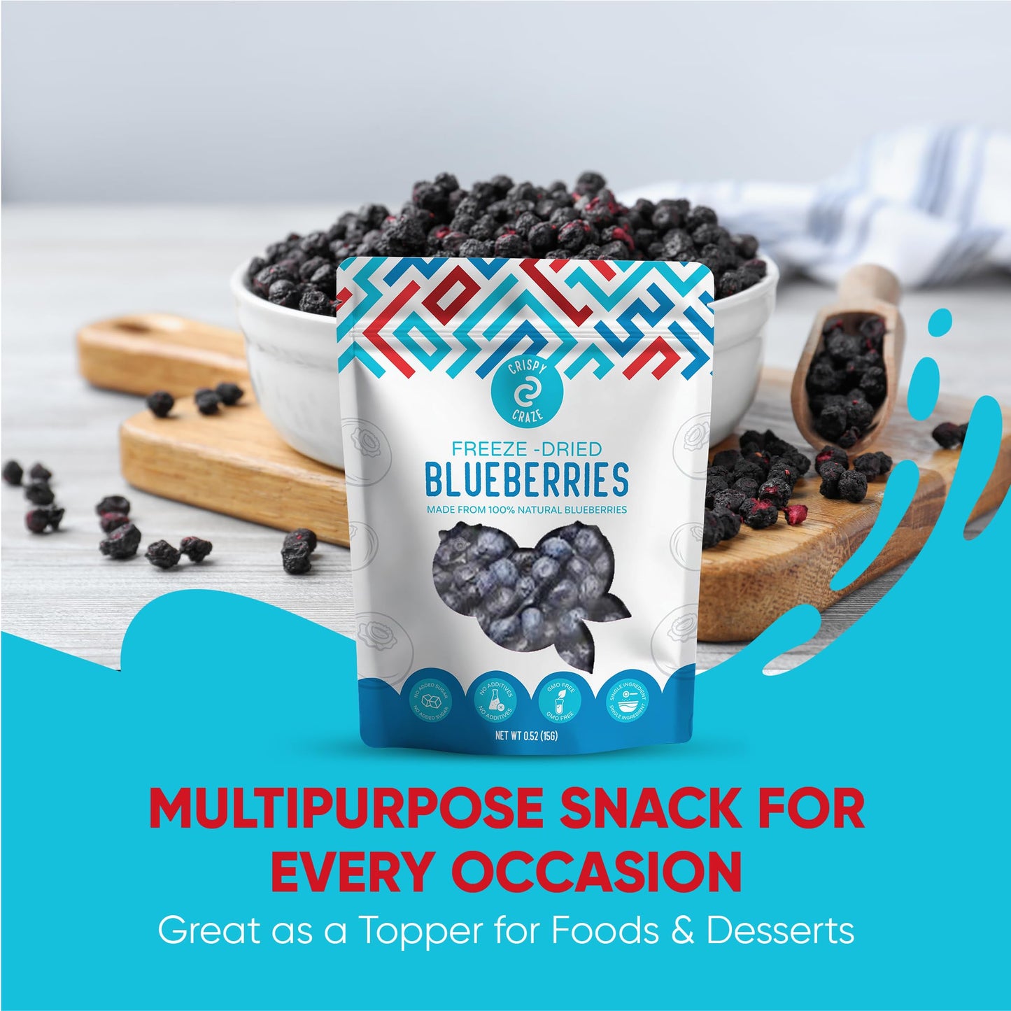 Crispy Craze Freeze Dried Blueberries (12 Snack Sized Bags, 0.52 Oz Each), Whole Blueberries Fruit Crisps, Non Gmo, Healthy Snac