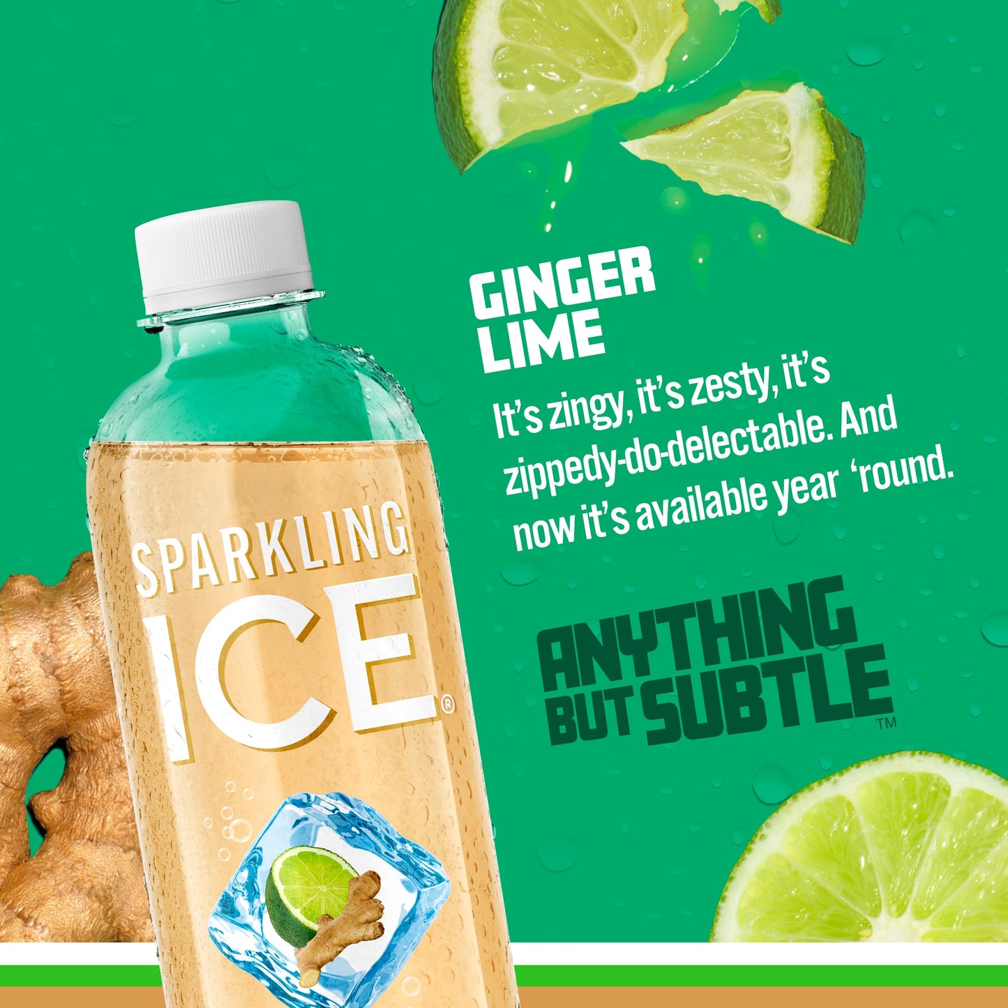 Sparkling Ice, Ginger Lime Sparkling Water, Zero Sugar Flavored Water, with Vitamins and Antioxidants, Low Calorie Beverage, 17