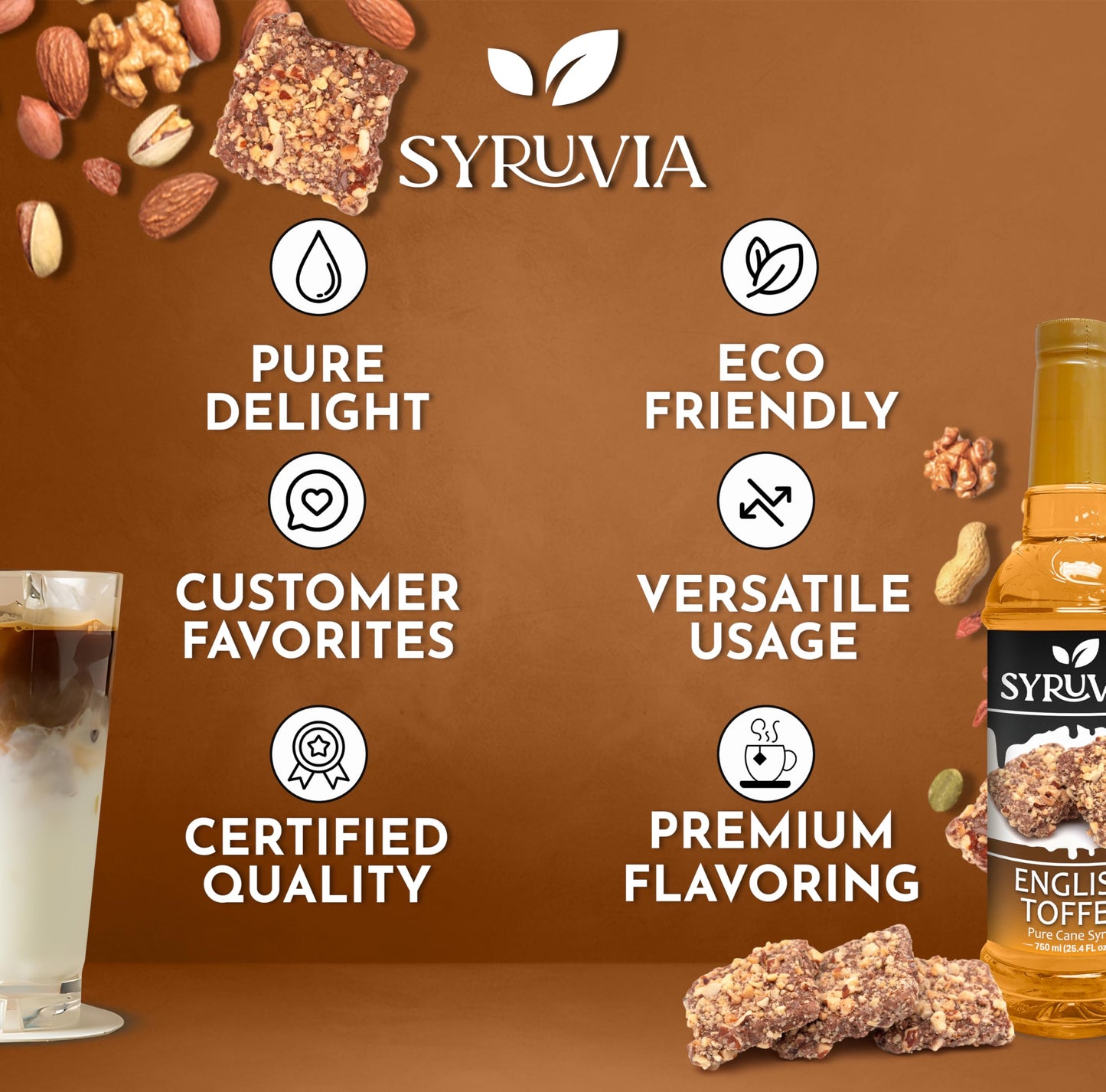 Syruvia English Toffee Coffee Syrup - 25.4 Fl Oz Premium Coffee Flavoring Syrup - Kosher Coffee Syrups, Gluten Free, No Coloring