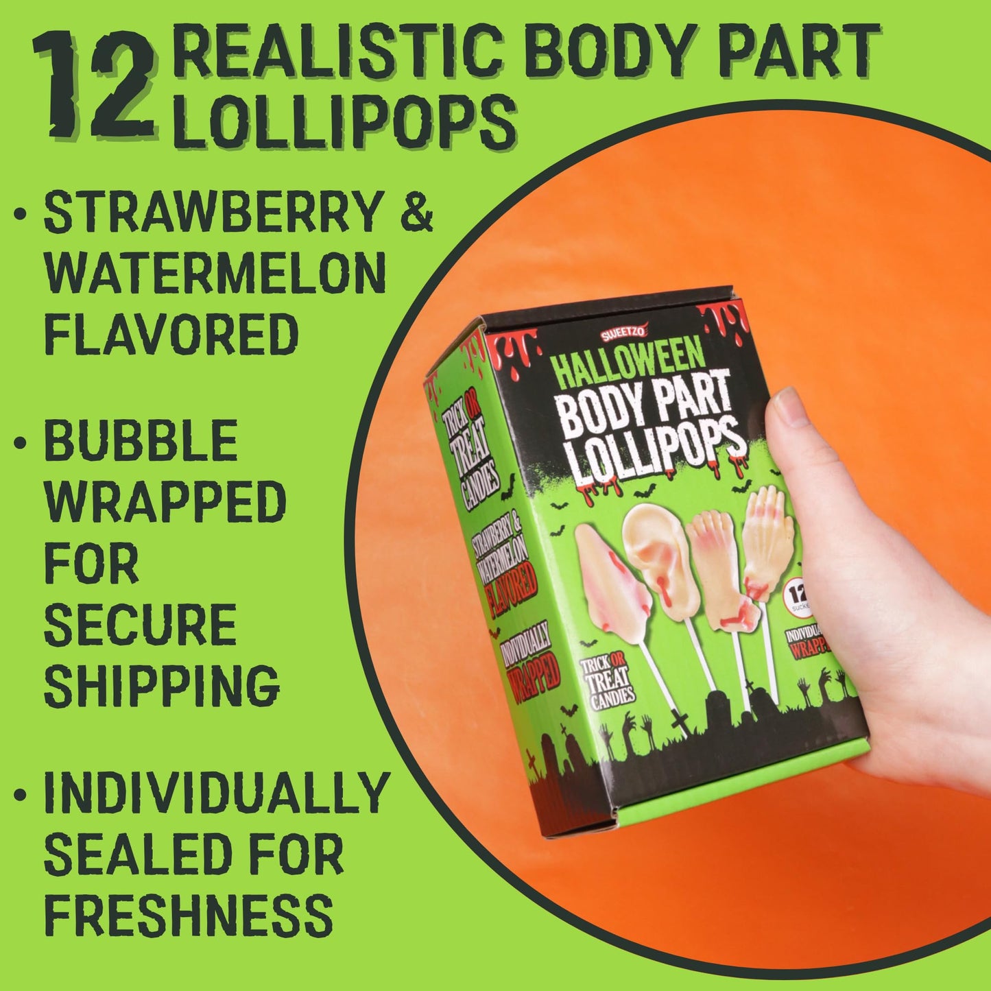Sweetzo Halloween Body Parts Candy Lollipops, 12 Count, Individually Wrapped, Small Goodie Bag Fillers
