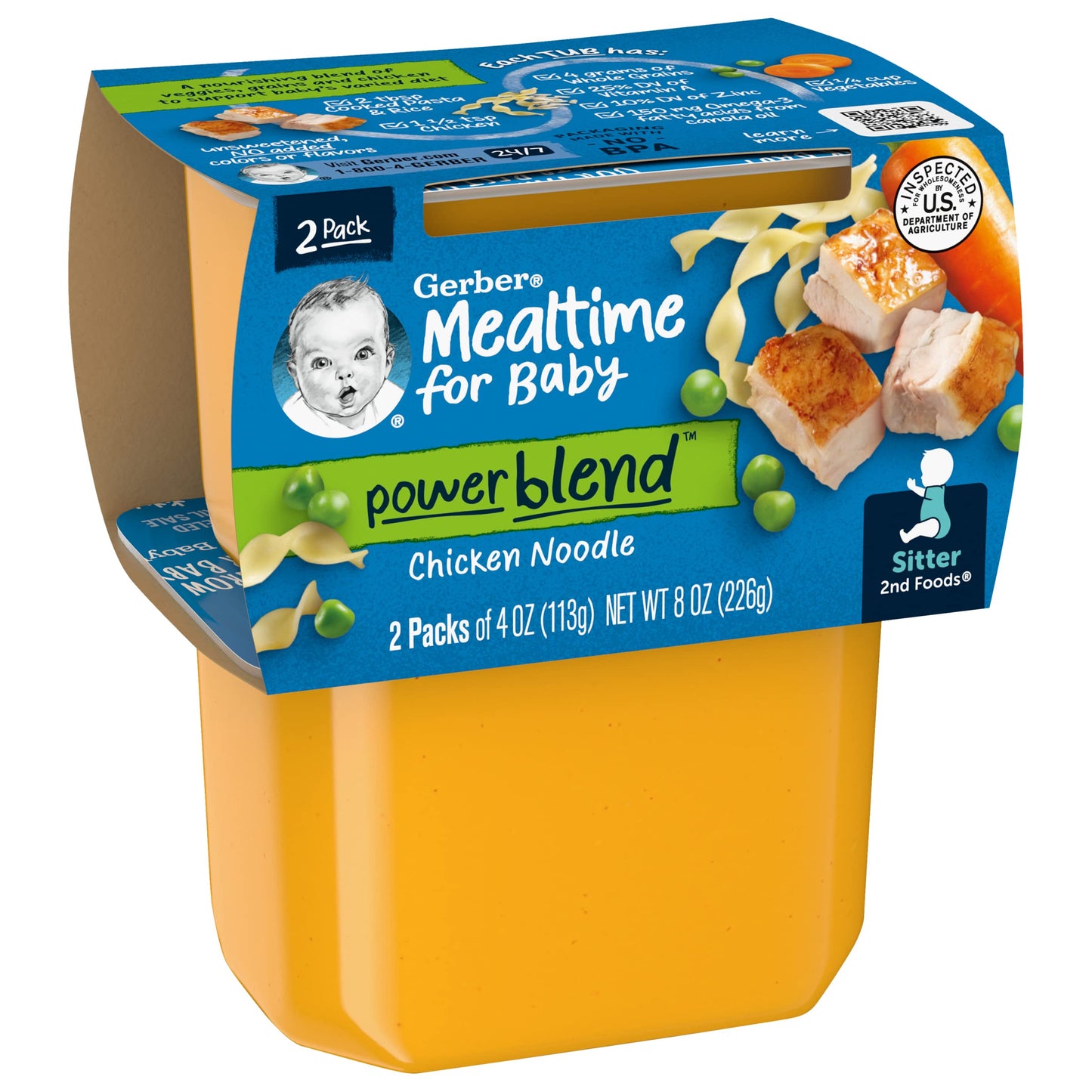 Gerber Mealtime For Baby 2Nd Foods Powerblend Baby Food Tubs, Chicken Noodle, Unsweetened With No Added Colors Or Flavors, 2-4 Oz Tubs/Pack (Pack Of 8)