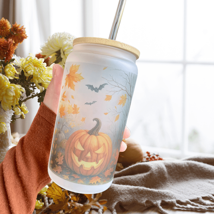 Halloween Frosted Pumpkin Iced Coffee Cup – Fall Glass Tumbler Gift