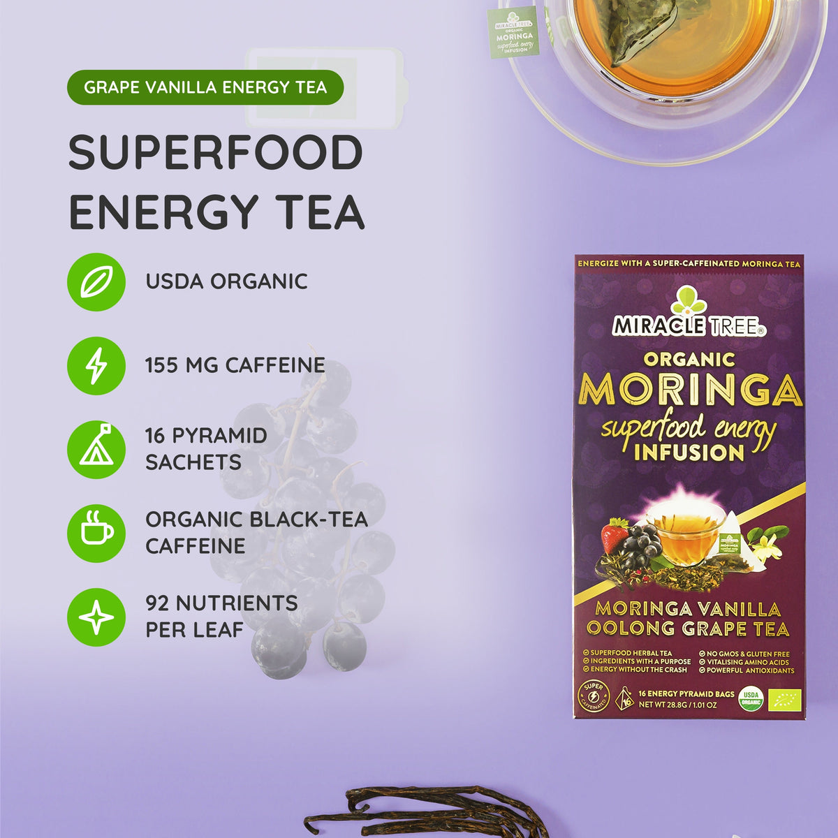 Organic Moringa Energy Tea - Grape Vanilla - Natural Coffee Alternative
