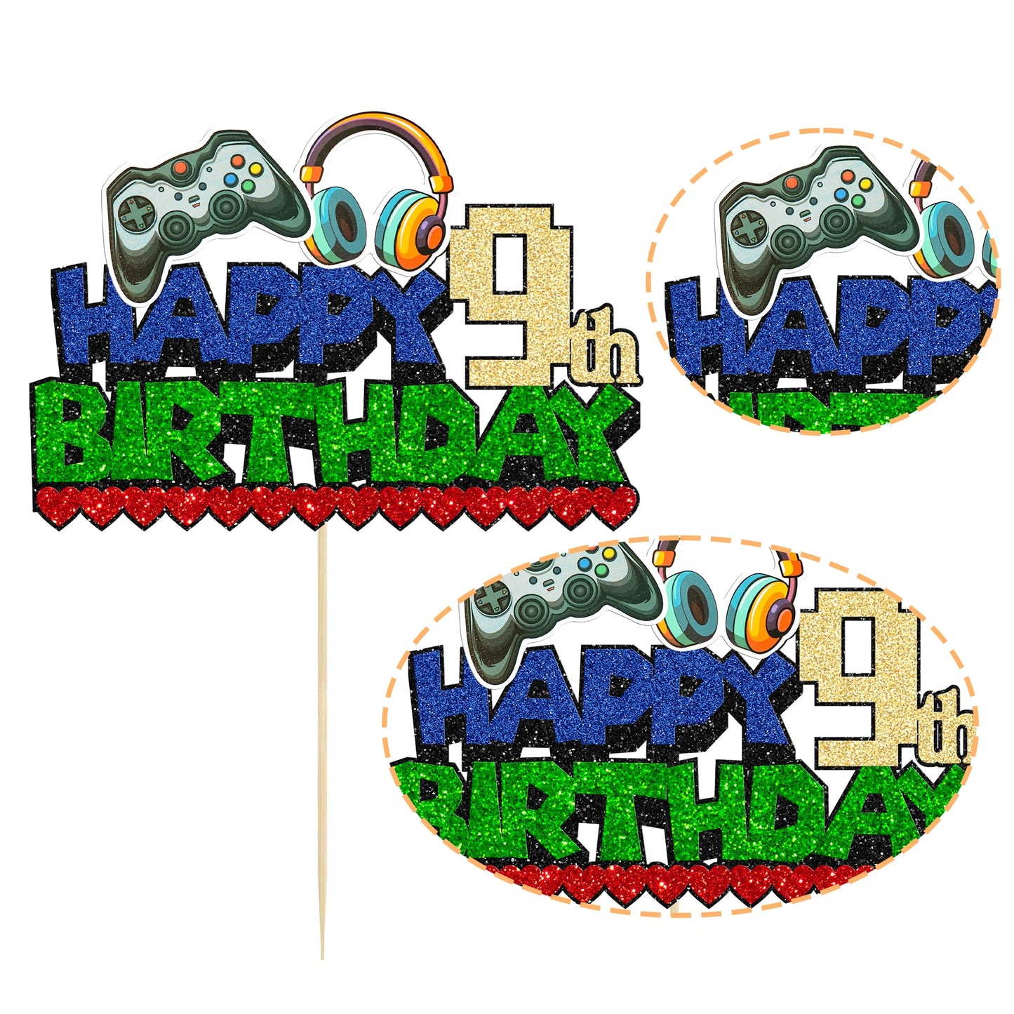 Ephlyn 1Pcs Video Game Happy 9Th Birthday Cake Topper Glitter Video Game Cake Pick Game On Controllers Nine Cheers To 9 Years Ca