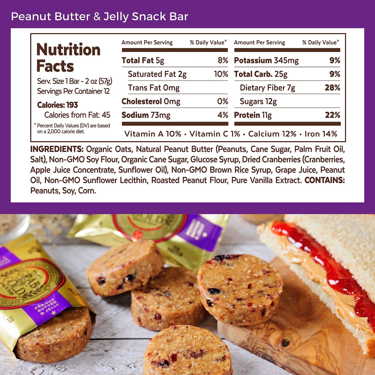 Grab The Gold Peanut Butter & Jelly Protein Snack Bars | 11g Plant-Based Protein | Gluten-Free, Vegan | 14 Bars