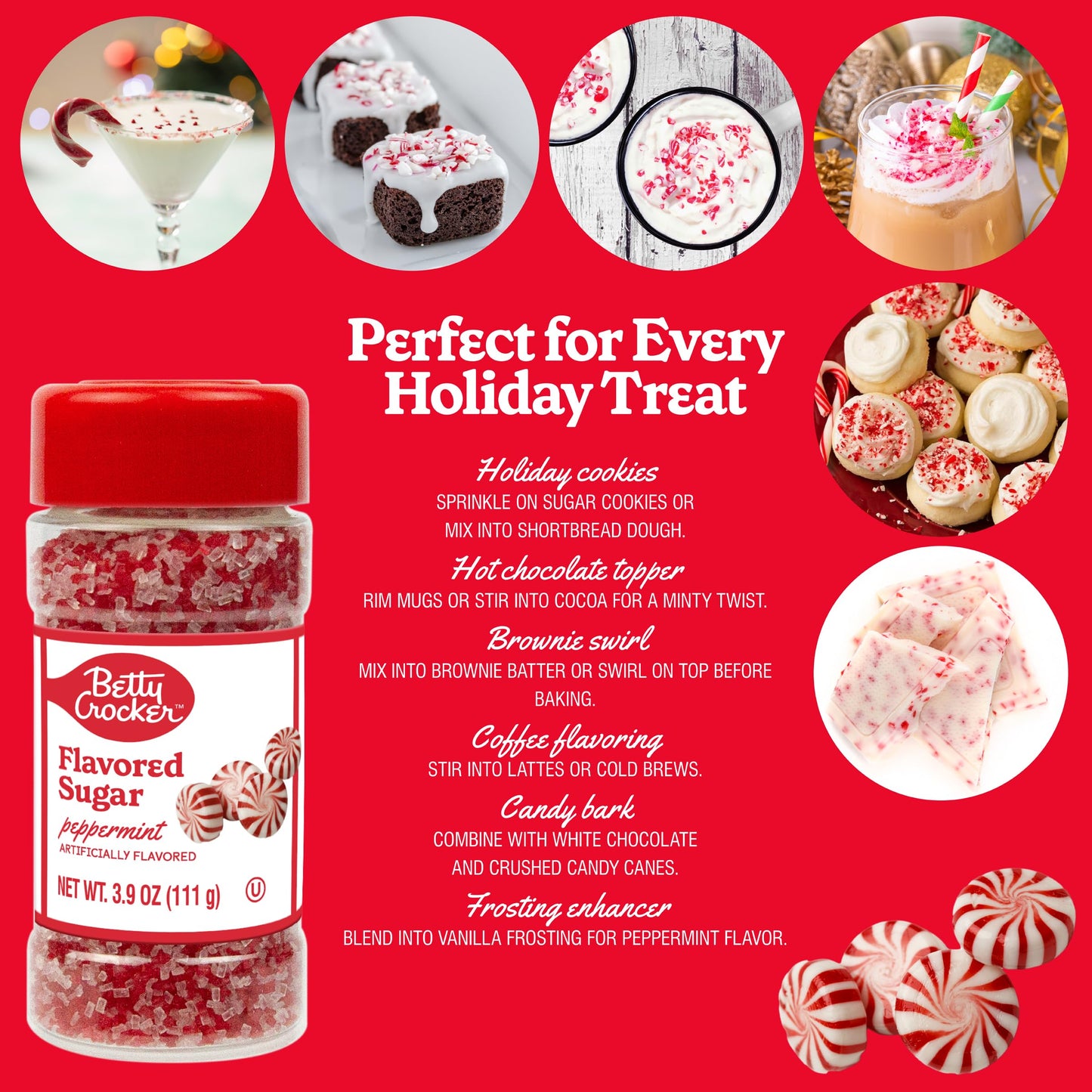 Betty Crocker Peppermint Candy Cane Flavored Sugar - Holiday Finishing Sugar Topping For Hot Chocolate  Chocolate Fudge  Drinks  and more 3.9 oz