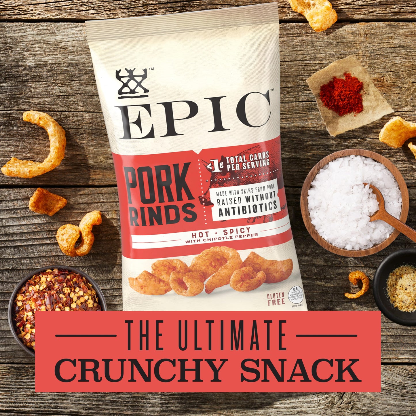 Epic Artisanal Pork Rinds, Hot And Spicy, 2.5 Oz, 4 Ct