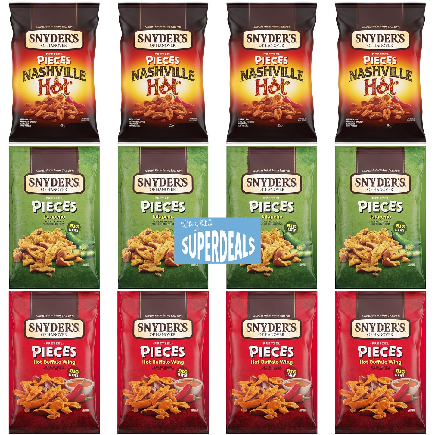 SUPERDEALS Snyders of Hanover Pretzel Pieces, Spicy Variety, 12 Pack, 2.25 Oz each, Total 27 Oz, Nashville Hot, Jalapeno, Hot Buffalo Wing