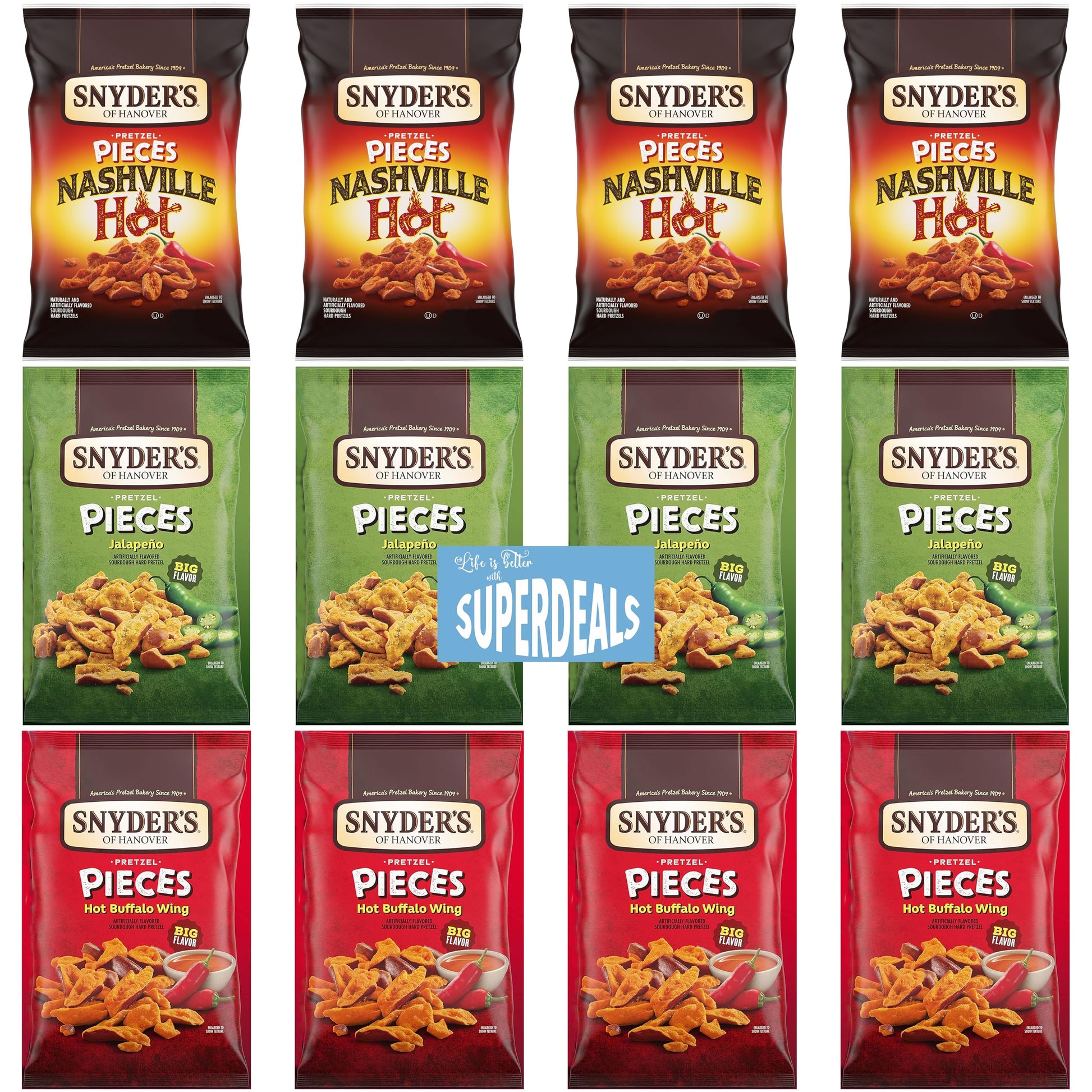 SUPERDEALS Snyders of Hanover Pretzel Pieces, Spicy Variety, 12 Pack, 2.25 Oz each, Total 27 Oz, Nashville Hot, Jalapeno, Hot Buffalo Wing