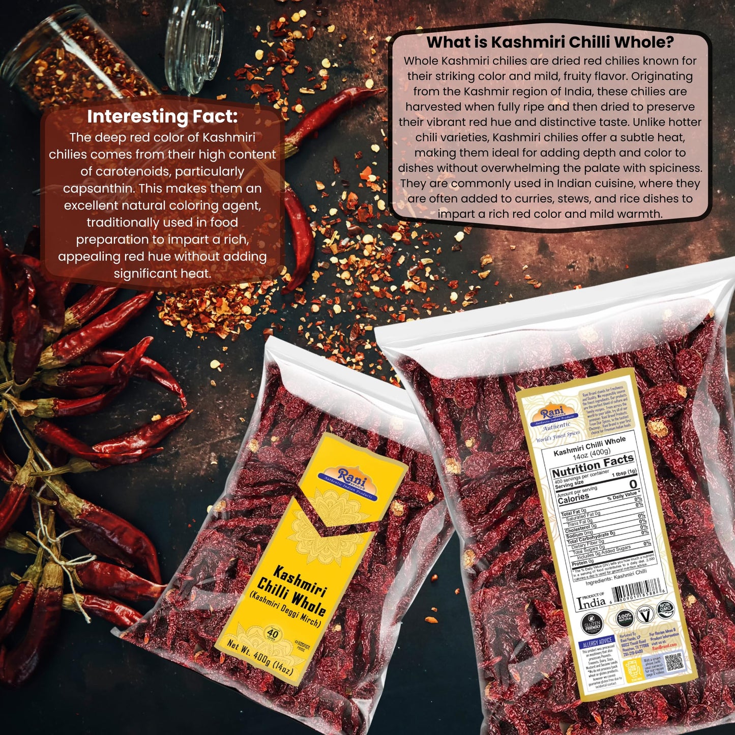 Rani Kashmiri Chilli Whole (Deggi Mirch, Low Heat) 14Oz (400G) ~ Natural | Salt-Free | Vegan | No Colors | Gluten Friendly | Non