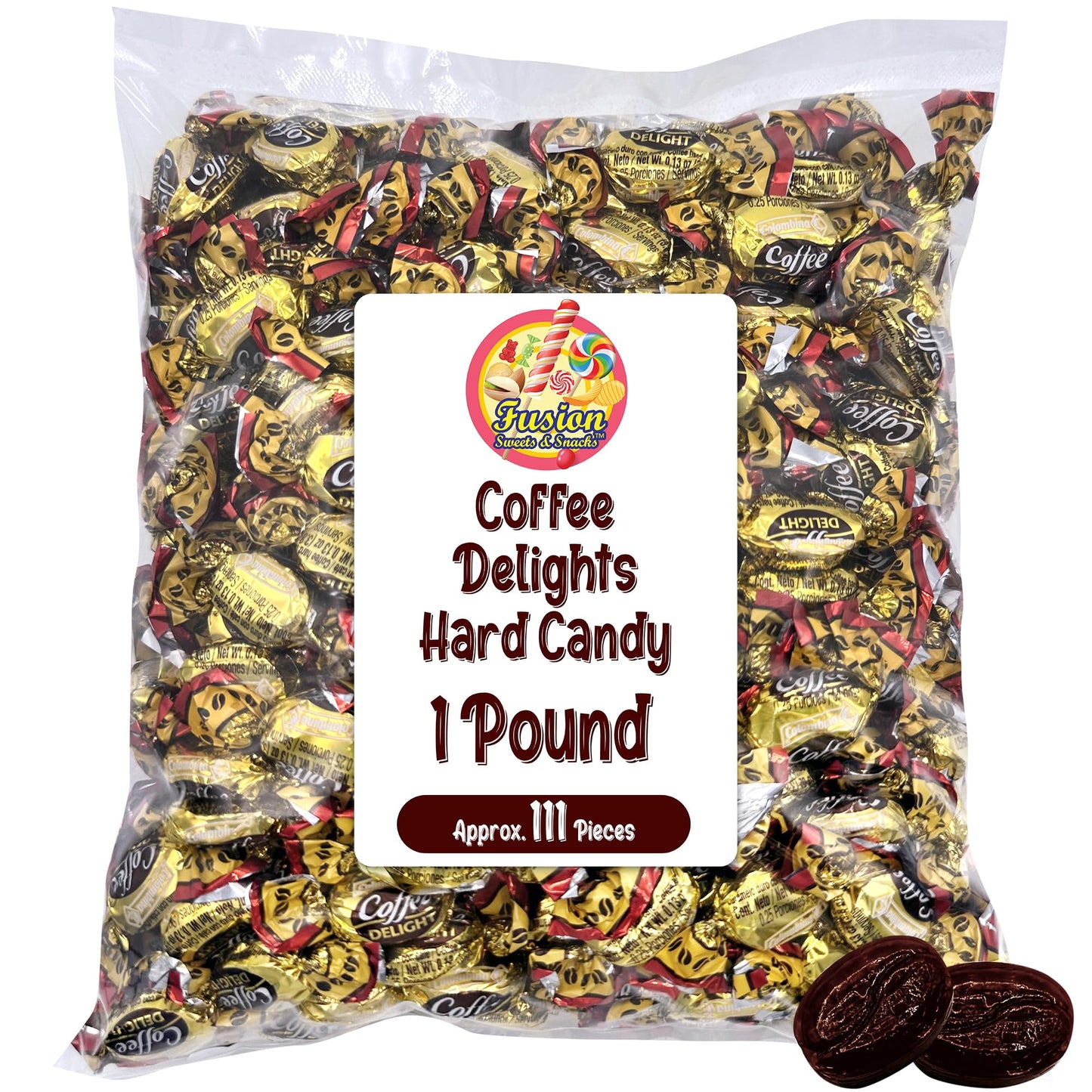 Fusion Sweets Coffee Candy - Individually Wrapped Hard Candy - Gluten Free - 1 Pound Bulk Bag - Brown