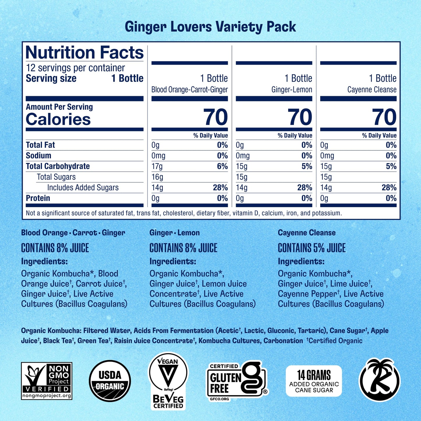Health-Ade Kombucha Tea Organic Drink, Ginger Lovers Variety Pack, 12 x 16 Fl Oz Bottles, Non-GMO, Vegan, Gluten Free