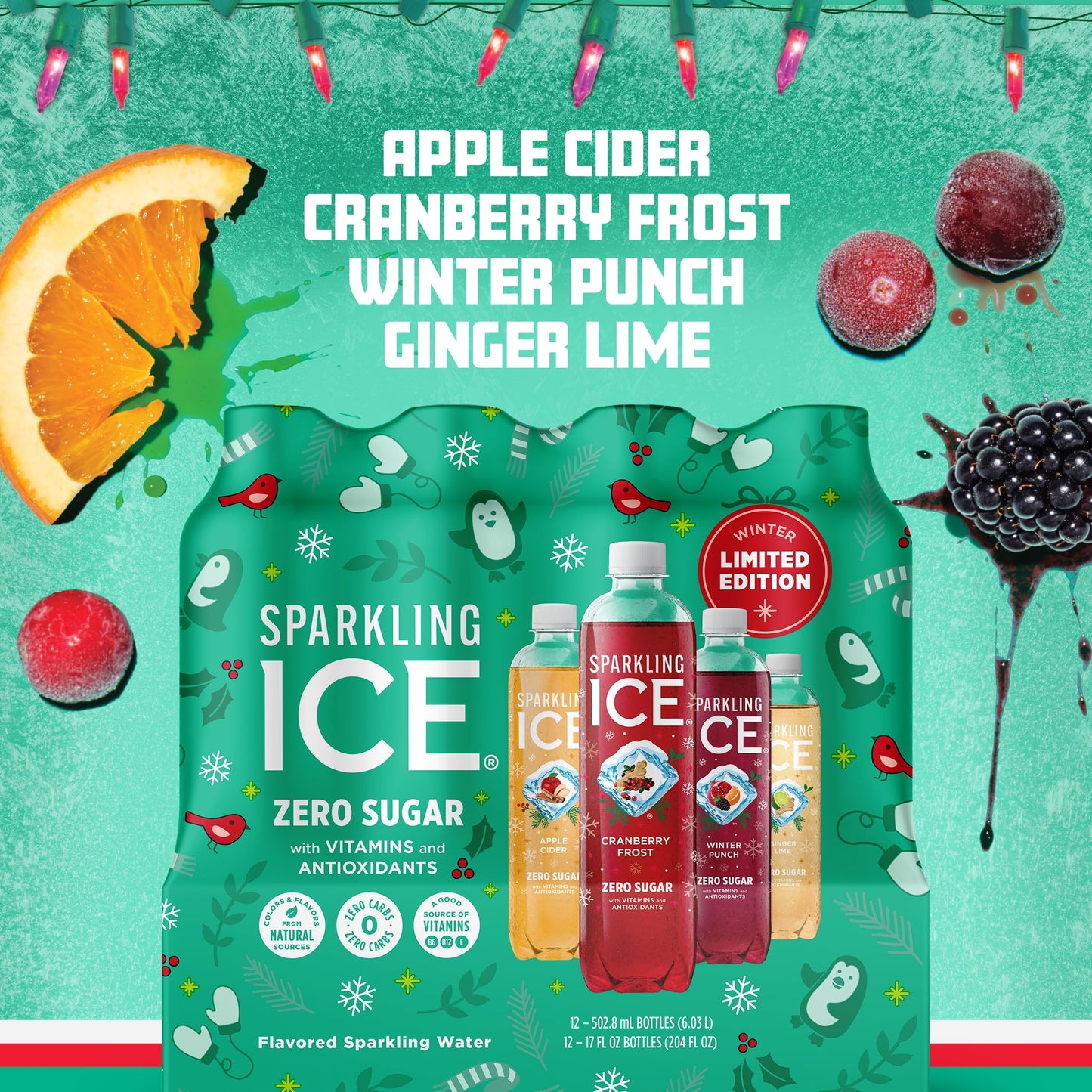 Sparkling Ice  Winter Variety Pack  Flavored Sparkling Water  Zero Sugar  with Vitamins and Antioxidants  17 fl oz  12 count (Cranberry Frost  Winter Punch  Apple Cider and Ginger Lime)