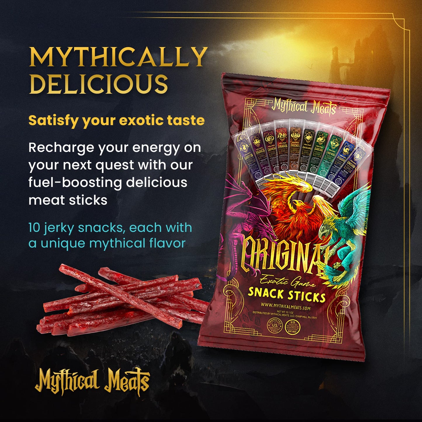 Mythical Meats Original Exotic Flavor Sampler Pack - 10 Exotic Game And Beef Snack Sticks - Dried & Dehydrated Meats Seasoned To