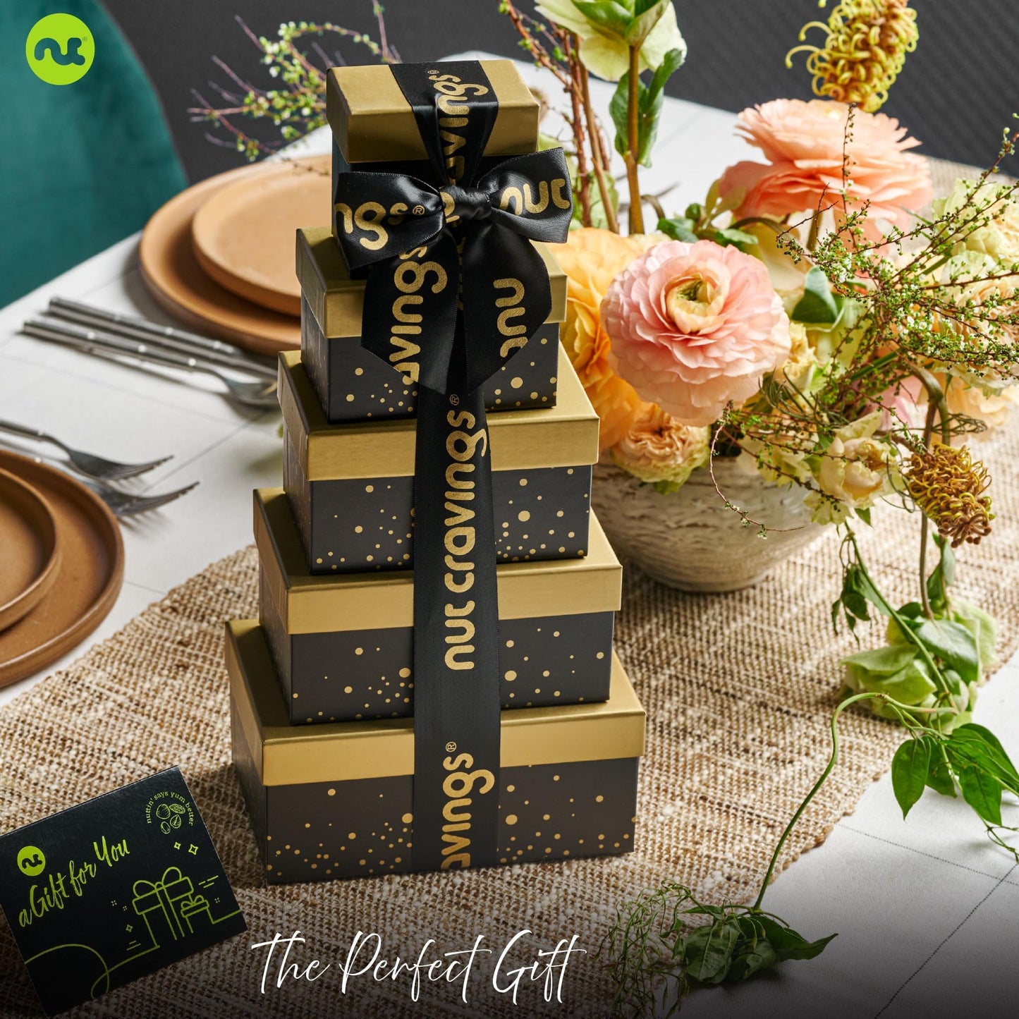 Nut Cravings Thanksgiving Chocolate Covered Pretzels & Caramel Popcorn Gift Basket, 8 Piece Assortment, Black & Gold 5 Tier Tower