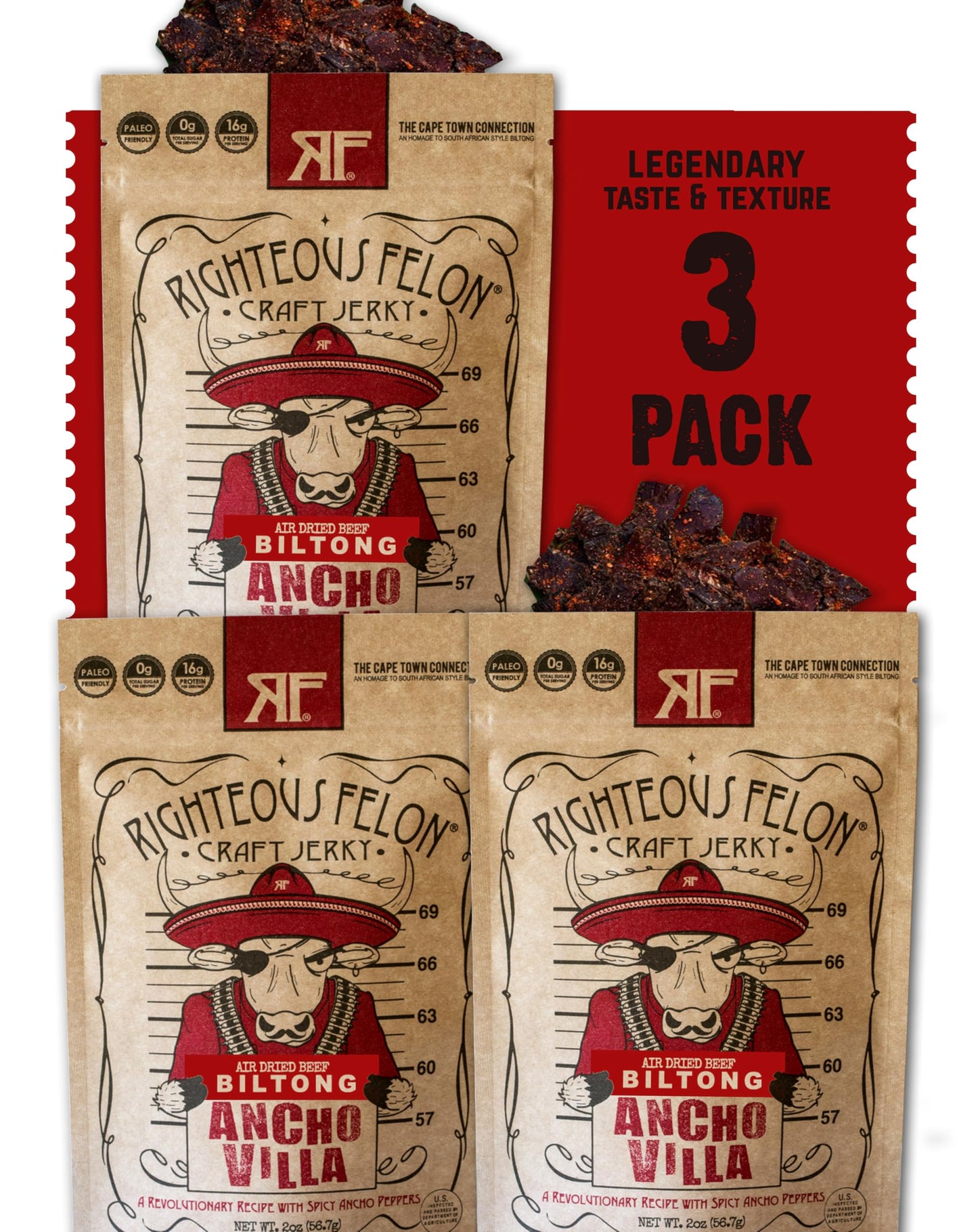 RIGHTEOUS FELON Biltong Beef Jerky | High Protein, Keto-Friendly | 3 Pack, 2 Ounce