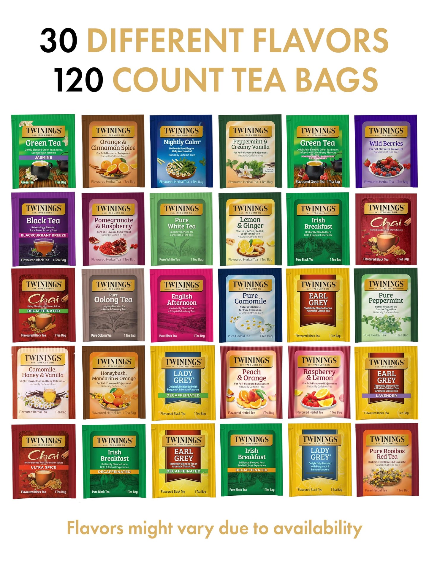 Twinings Tea Bags Sampler Assortment, 120 Count, 30 Flavors for Tea Lovers