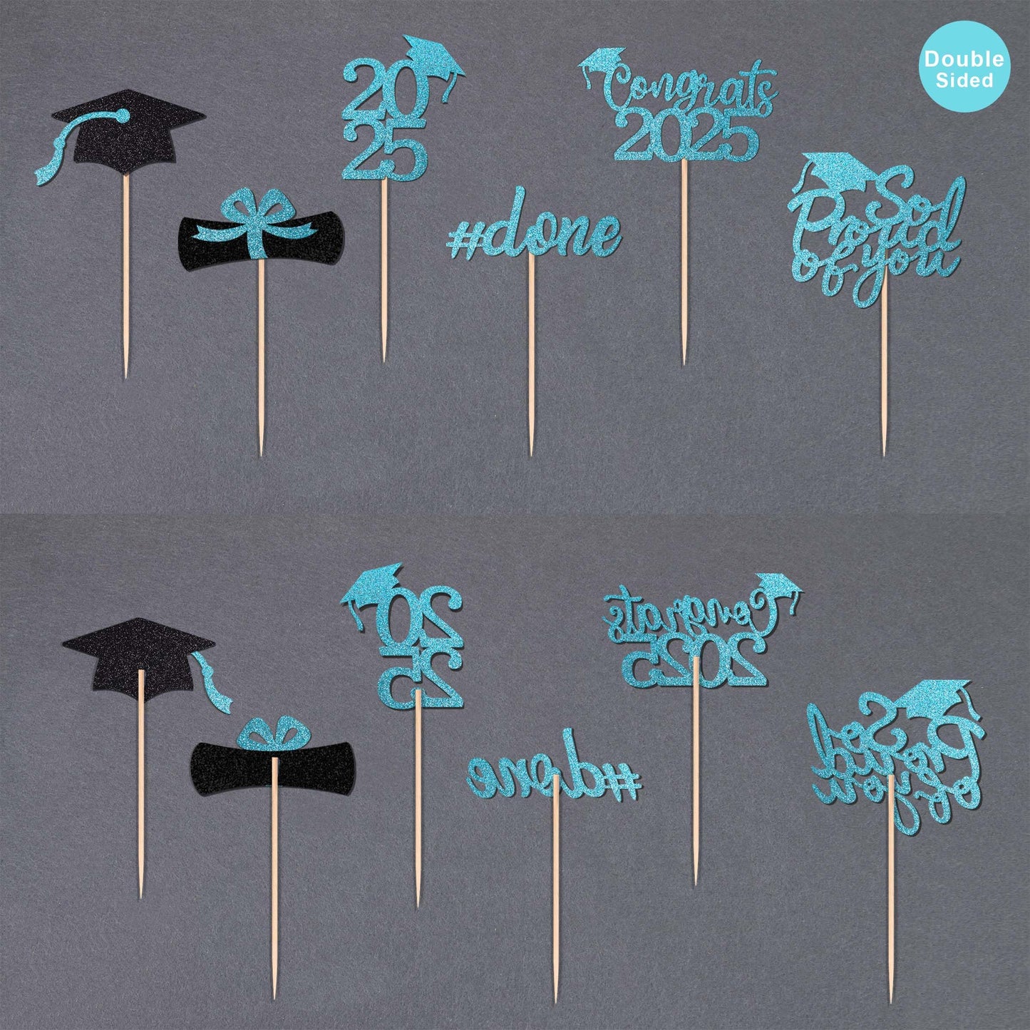 36 Pcs Class Of 2025 Graduation Cupcake Toppers, Light Blue & Black Glitter Double-Sided Grad Cap Cake Picks For Party Supplies,
