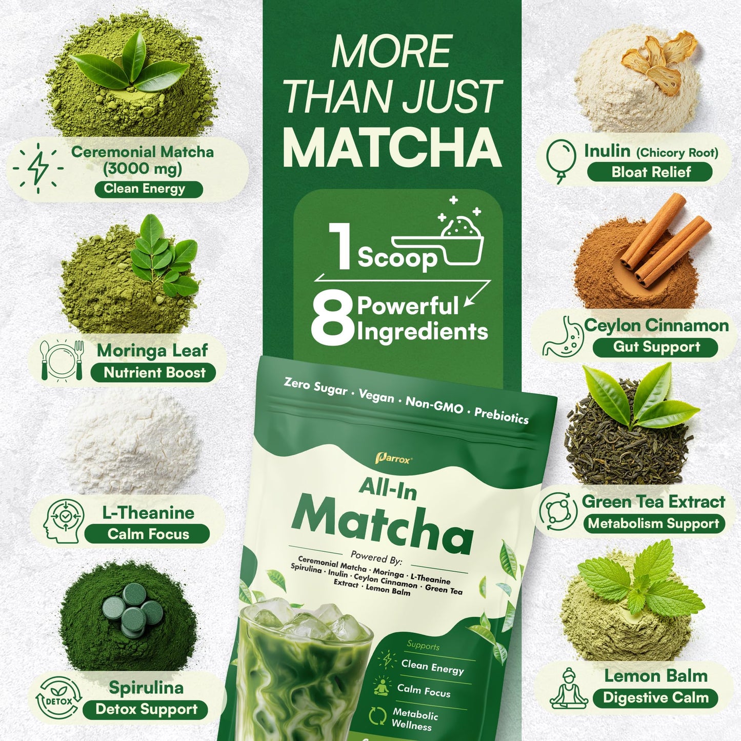 Ceremonial Grade Matcha Powder Infused with Moringa  Green Tea Extract  L-Theanine  Inulin  Spirulina  Ceylon Cinnamon  and Lemon Balm - 100% First Harvest Japanese Tea (30 Servings)