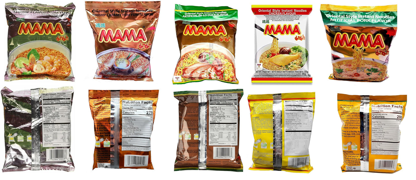 Mama Oriental Style Instant Noodles Mix Flavor Bundle Package Total 30 Packs (5 Flavor Mix Shrimp Tom Yum Flavor, Shrimp Creamy