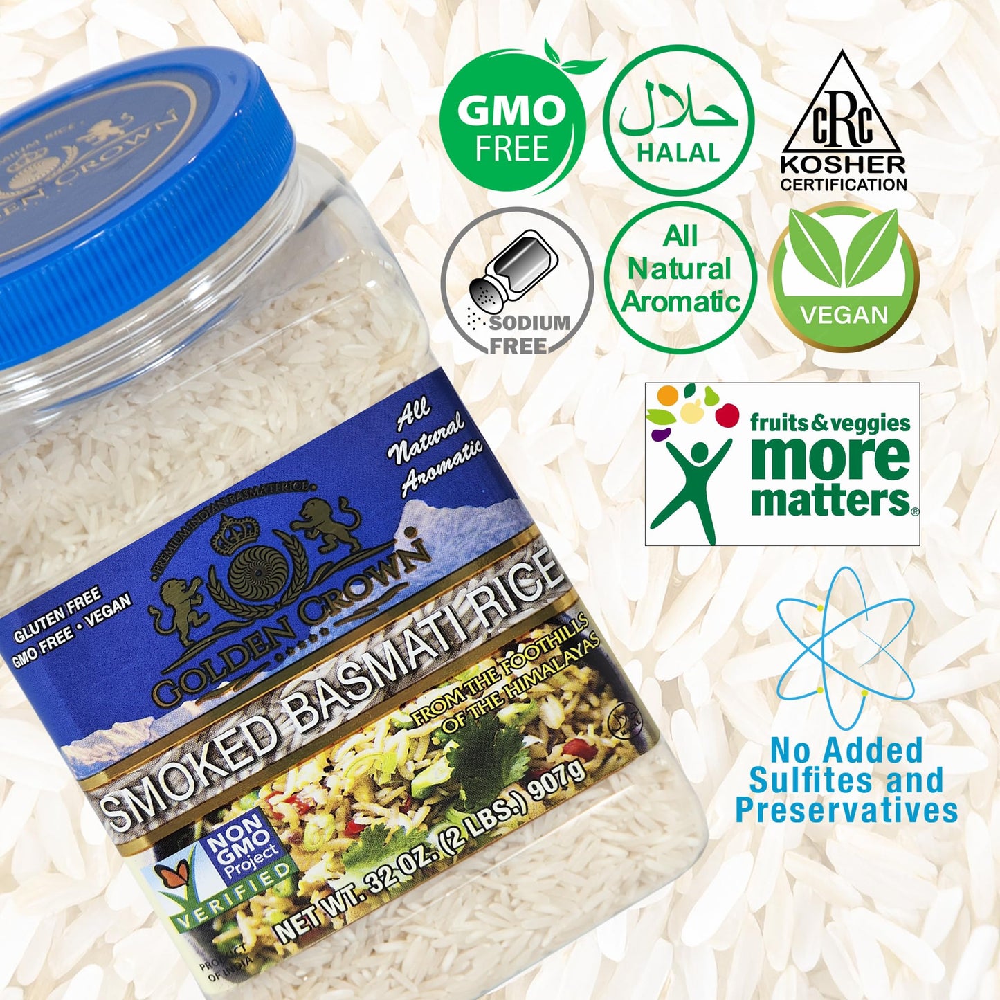 Golden Crown Smoked Basmati Rice - 32 oz (2LB) | Gluten-Free, Non-GMO, Aromatic Long-Grain, Fluffy Texture