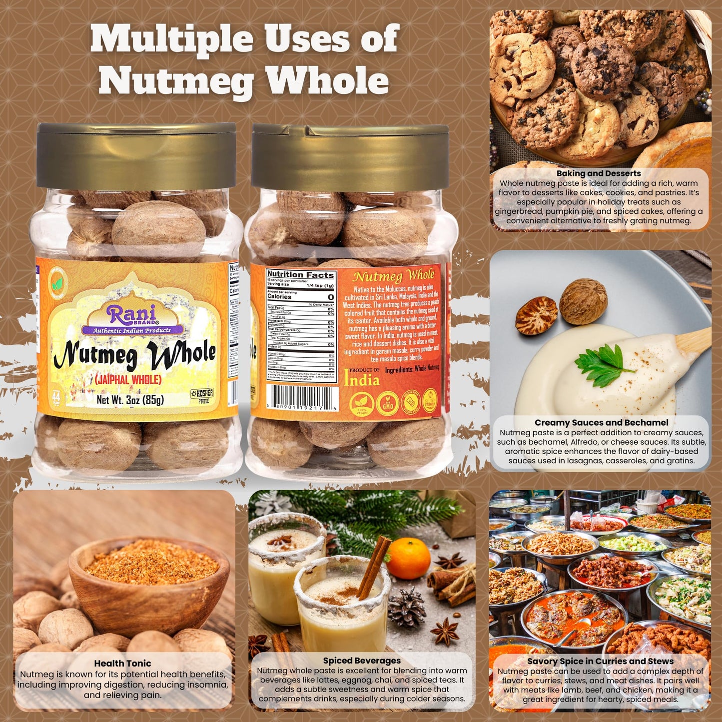 Rani Nutmeg Whole Spice, Vegan, Gluten Friendly, Non-GMO, Kosher, 3oz (85g) PET Jar, Indian Origin