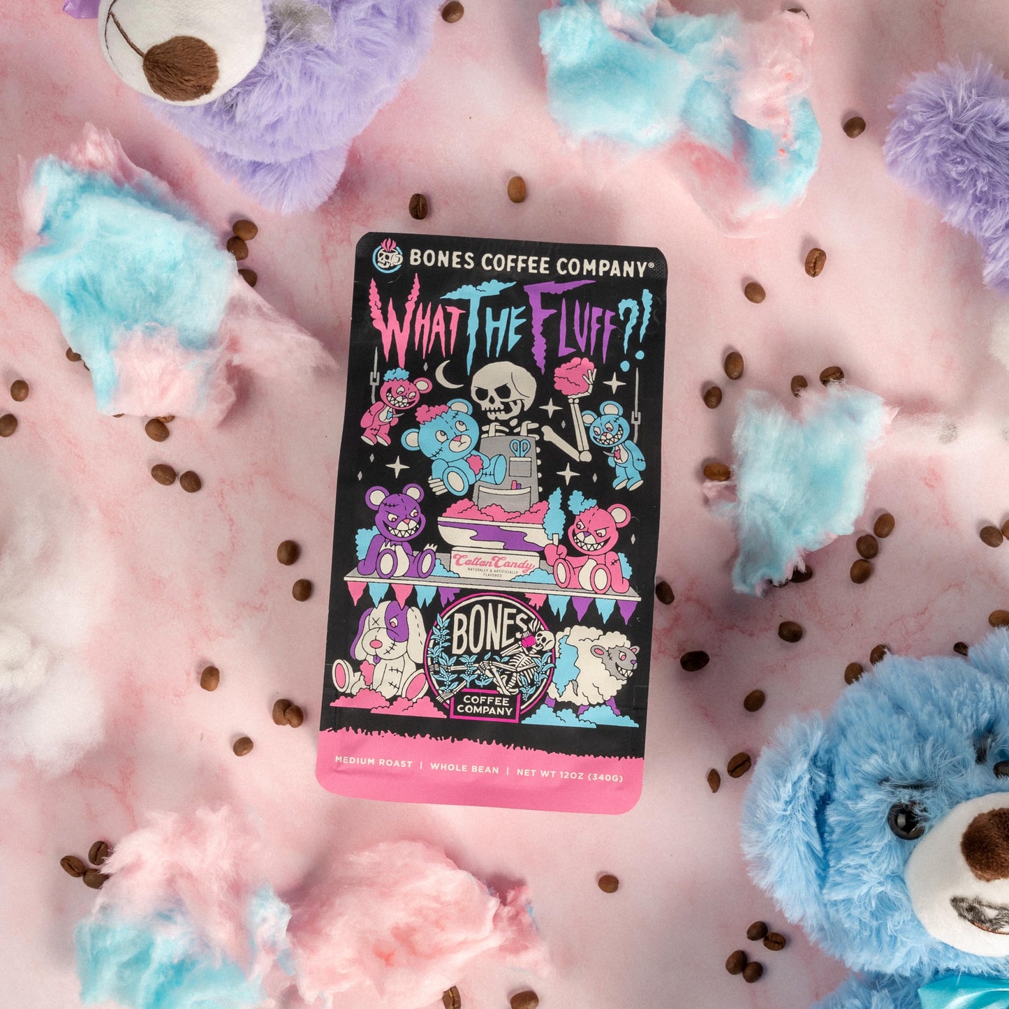 Bones Coffee Company What The Fluff?! Flavored Coffee Beans, Medium Roast Ground Coffee Low Acid, Berry Cotton Candy Flavor (12 Oz)