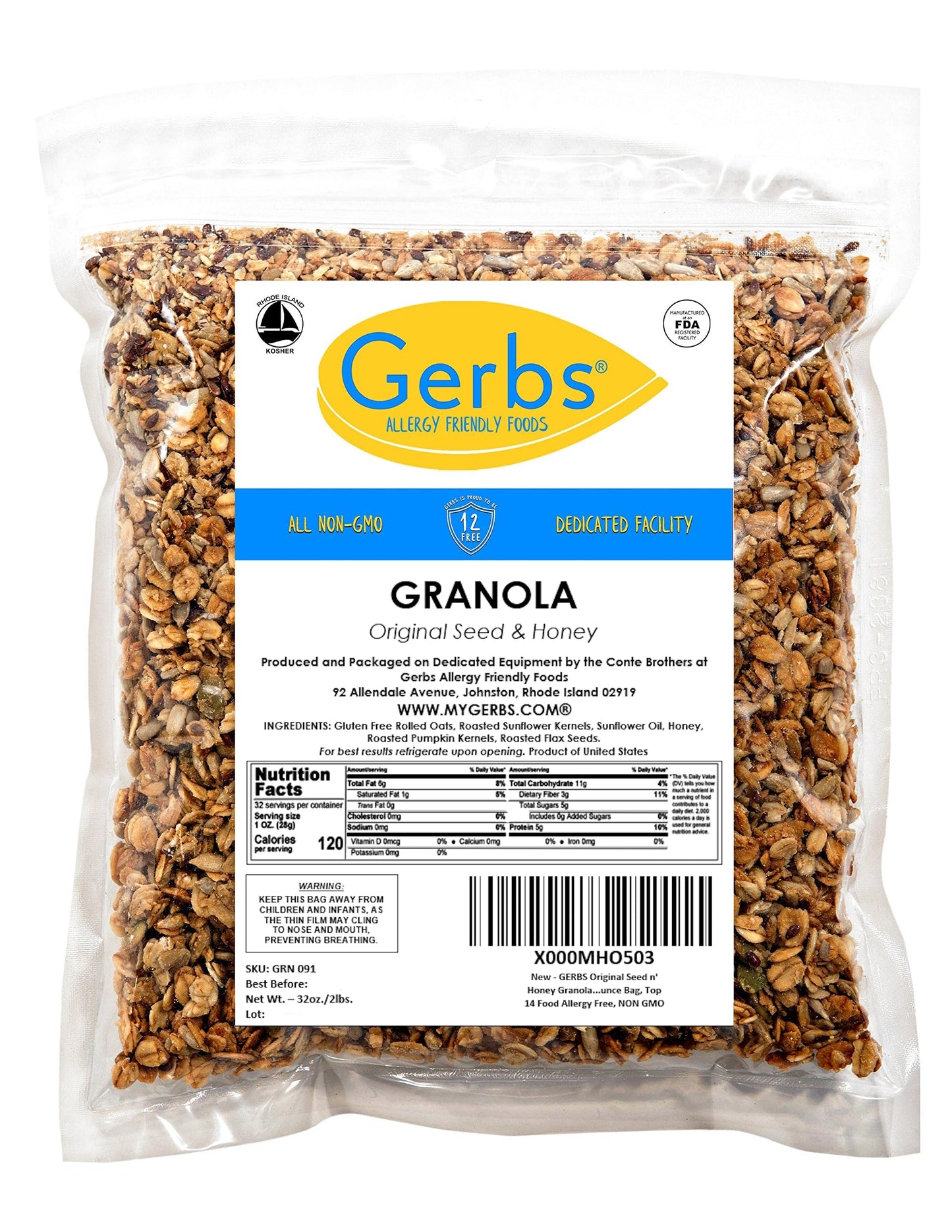 Gerbs Original Seed n Honey Granola, 2 LBS. - Top 14 Food Allergy Free & Non GMO - Keto Safe - Made in Rhode Island